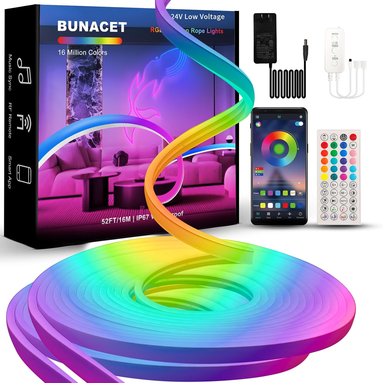 52FT BUNACET LED Neon RGBIC Strip Lights with Remote APP Control