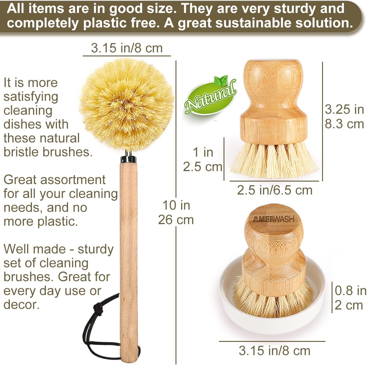 AMERWASH PLUS Brush Set - Bamboo Natural Bristles for Kitchen Cleaning