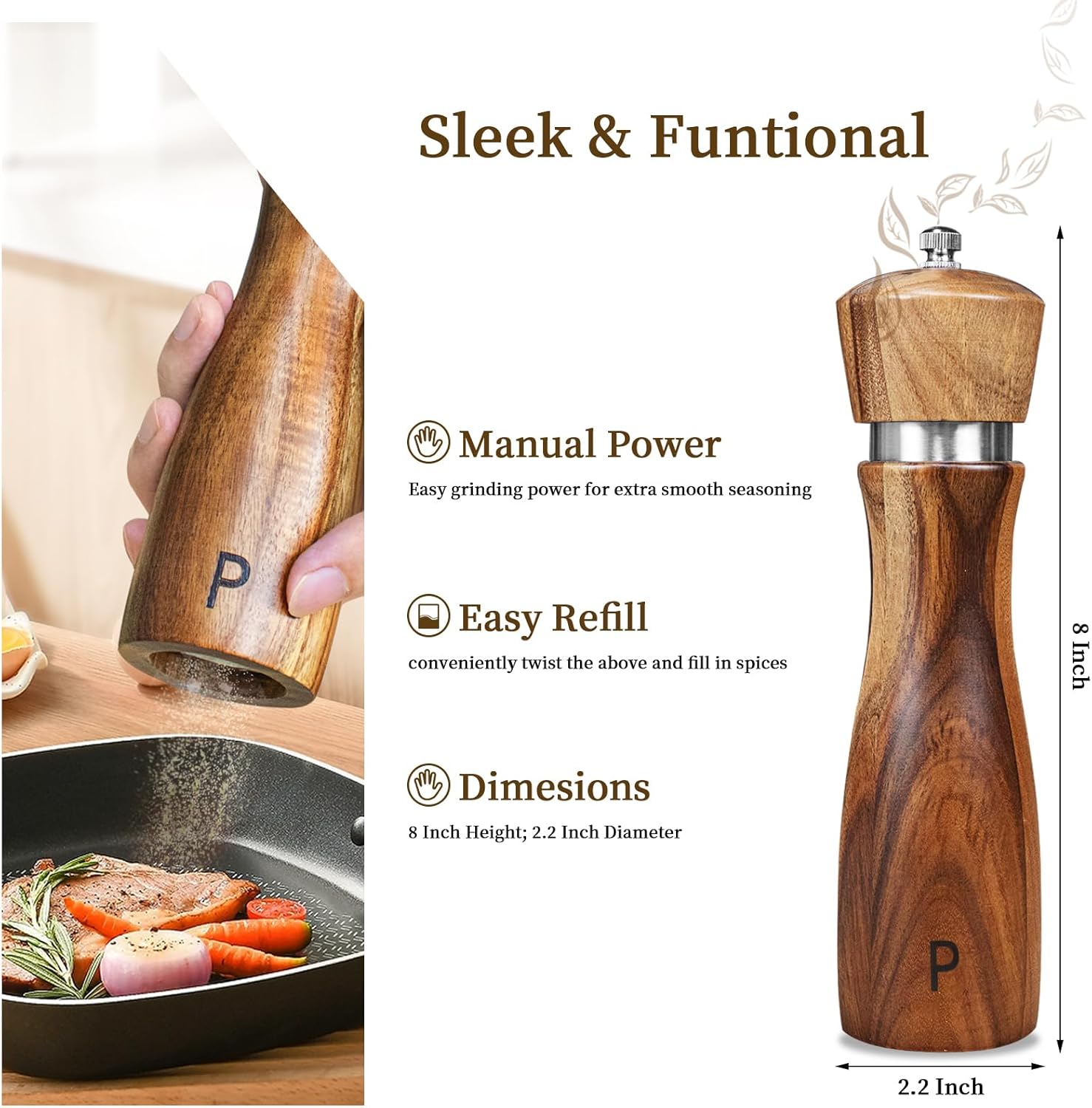 Haomacro 2 Pack Acacia Wood Salt Pepper Grinder Set