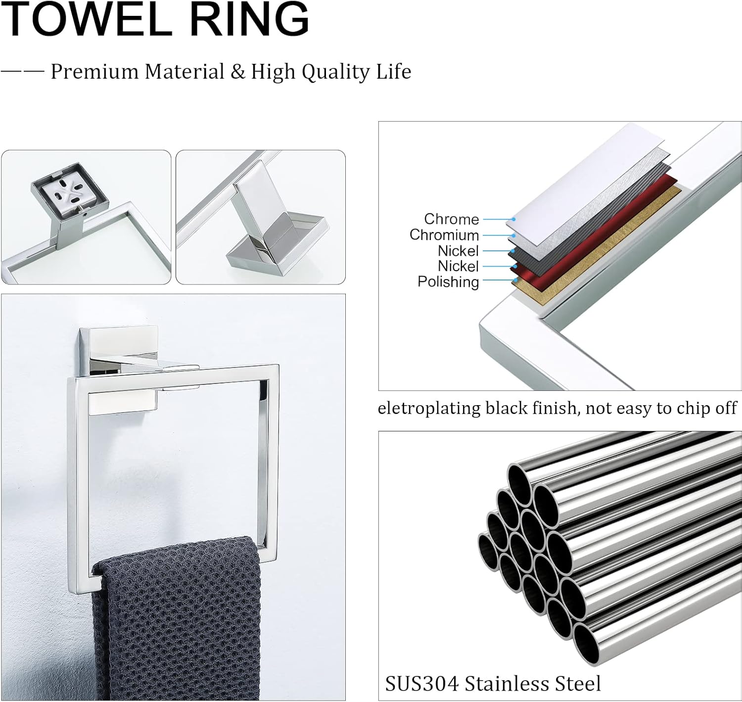 TQKAG Square Towel Ring Hooks for Bath and Kitchen
