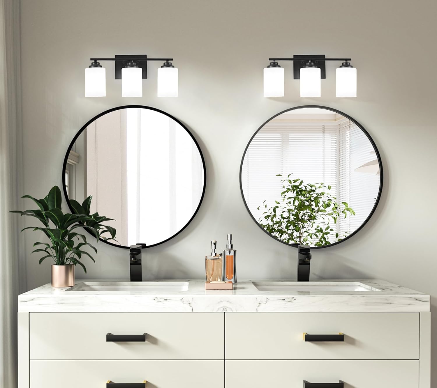 Modern Black Vanity Lights with 3-Light Milky Glass Shades
