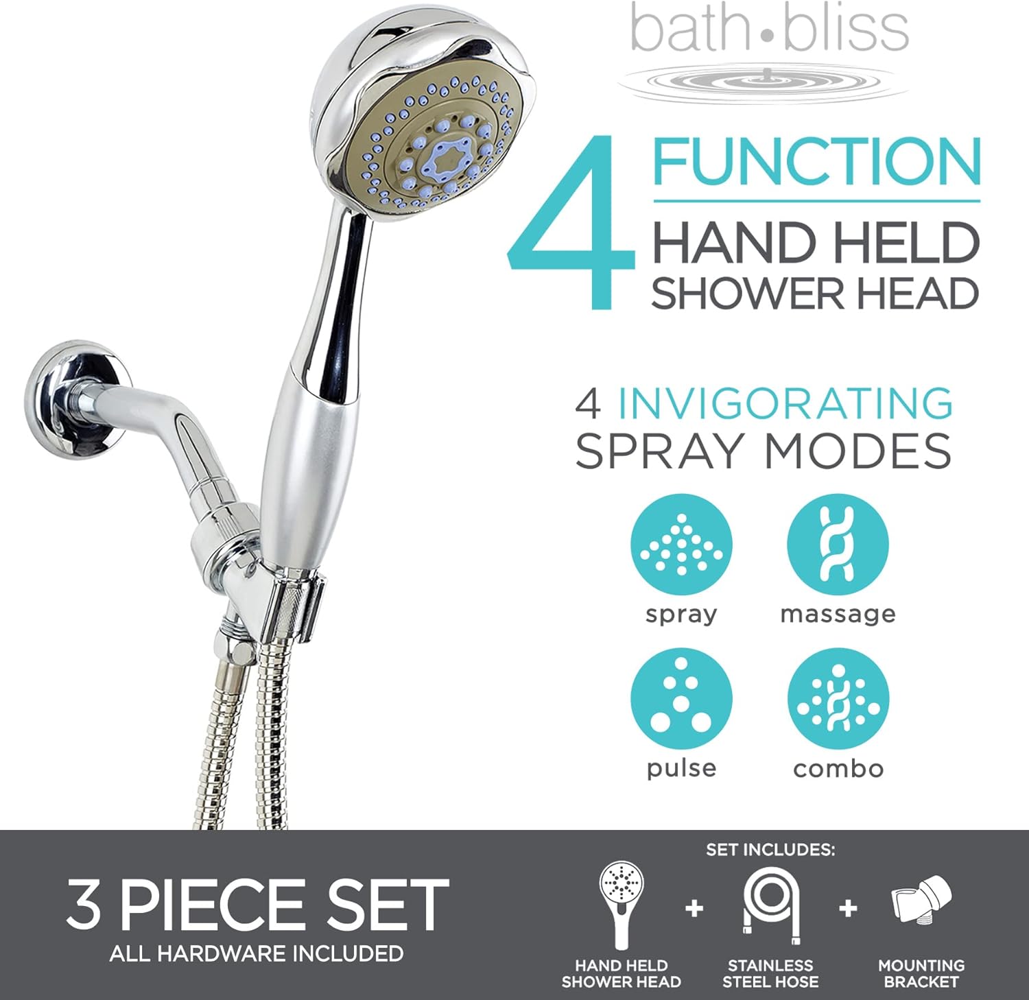 Bath Bliss Chrome 4-Function Handheld Shower Head