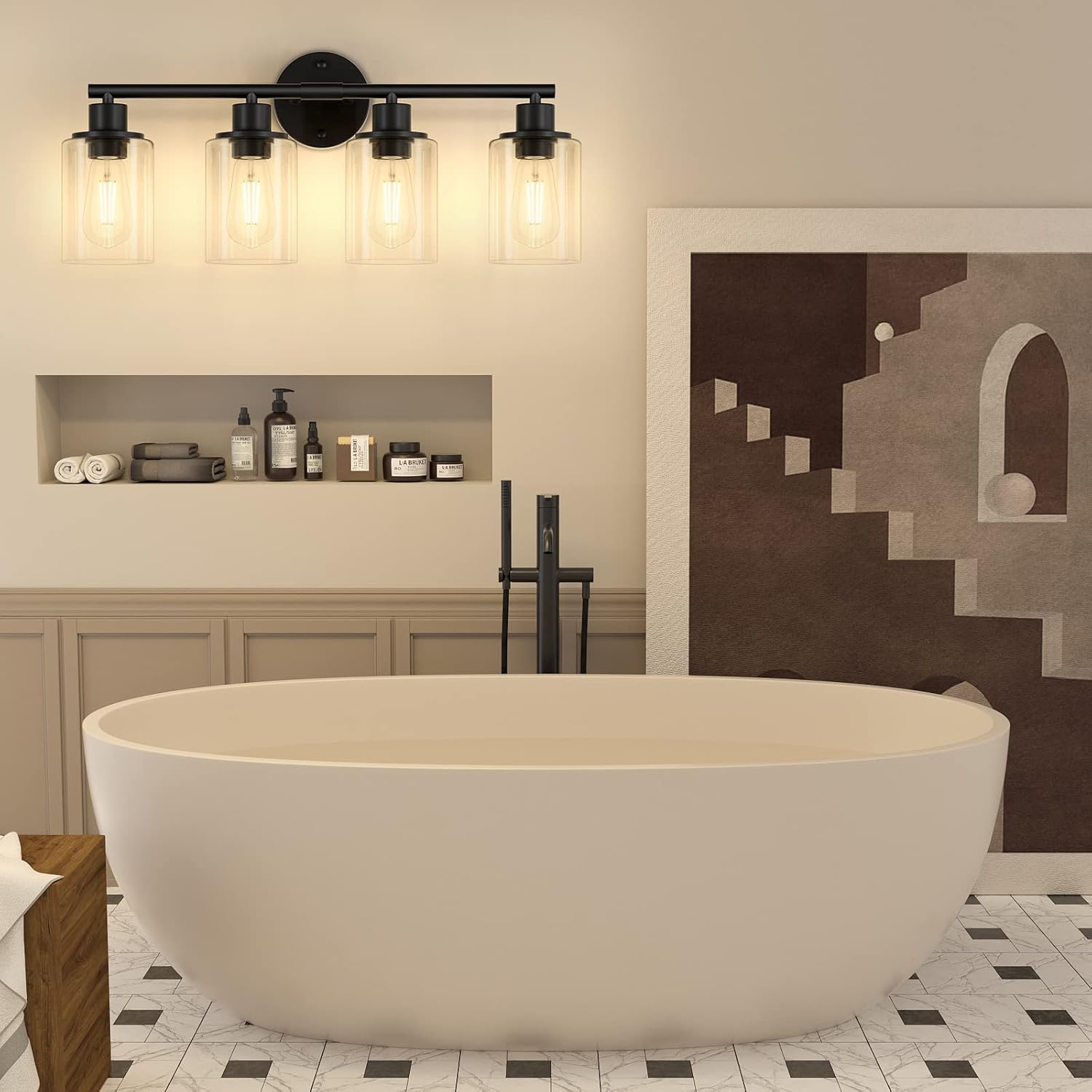 Licperron 4-Light Black Vanity Wall Light with Clear Glass Shade 1