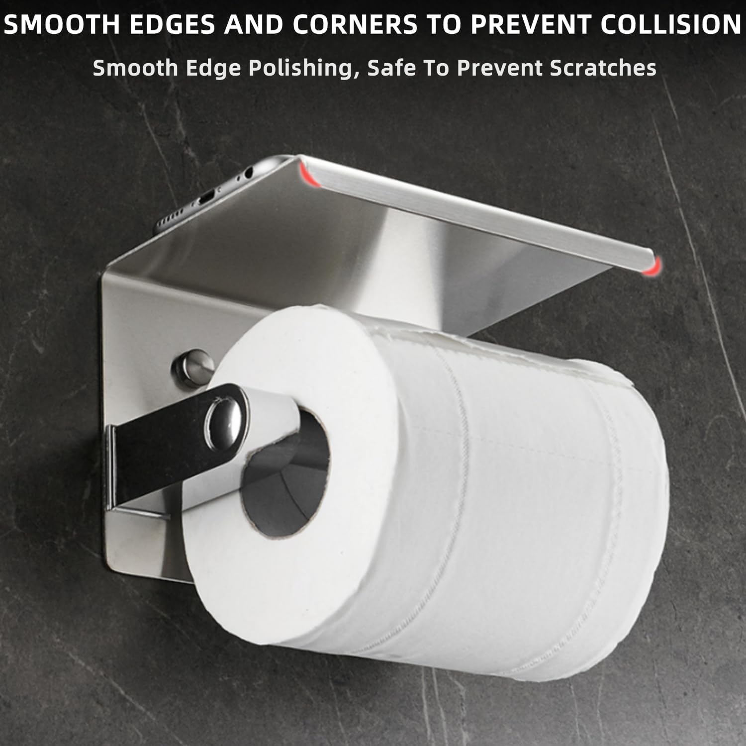 Modern Toilet Paper Holder with Shelf Brushed Silver 304 Stainless Steel