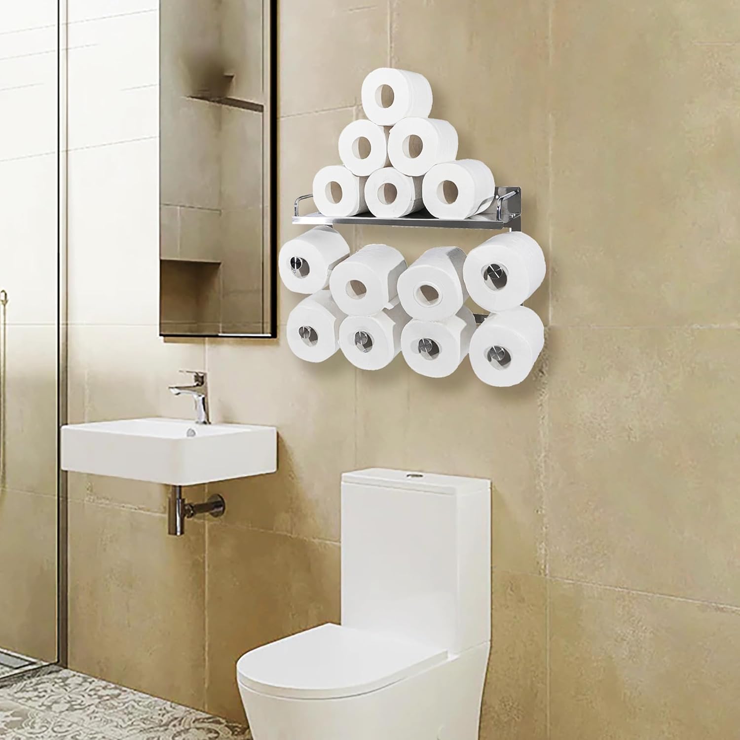 Toilet Paper Holder with Shelf and Towel Rack - 14 Rolls Storage