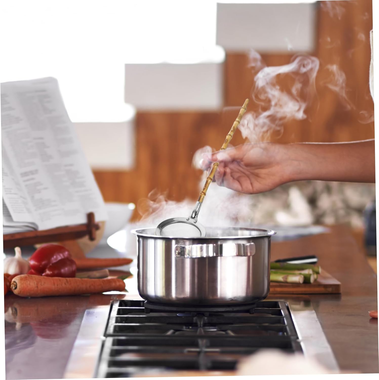 GRIRIW Food-Grade Strainer Ladle with Bamboo Handle