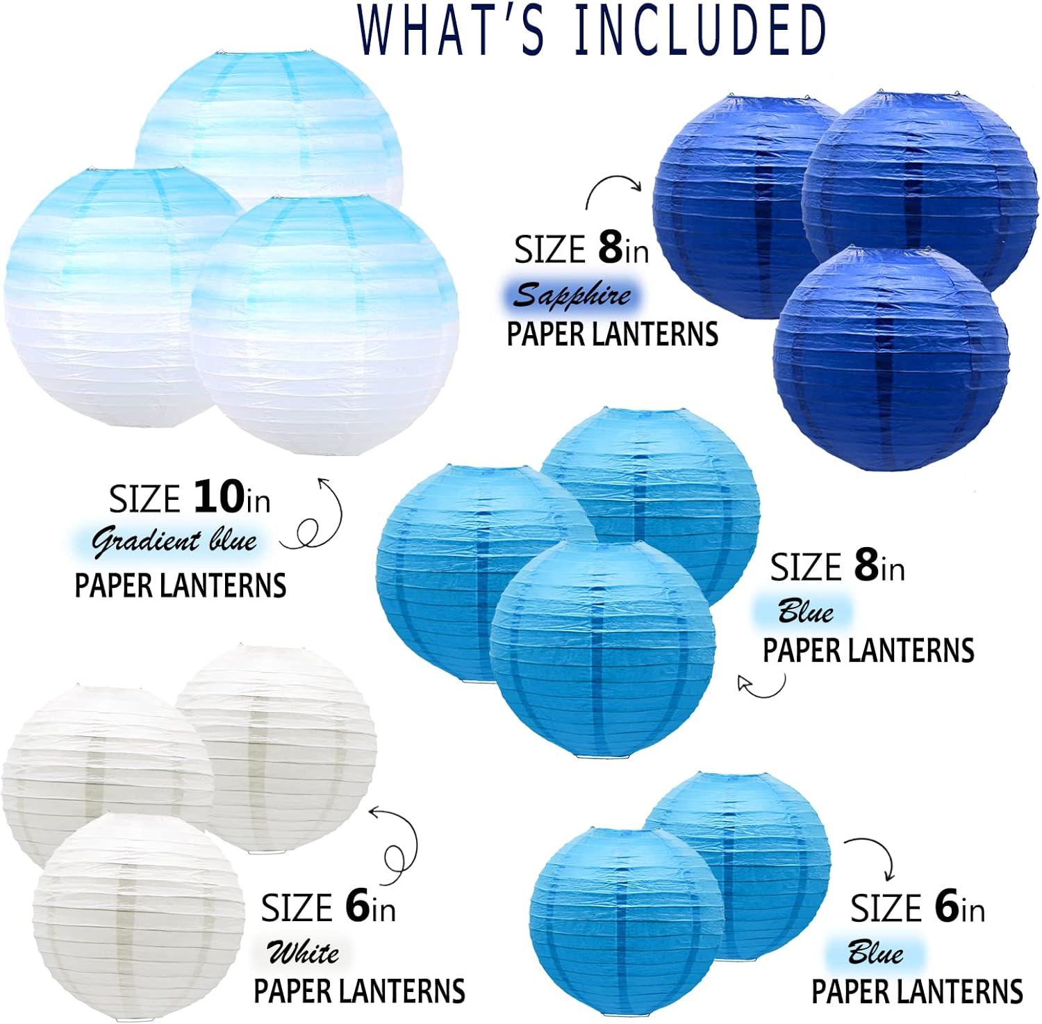14 PCS Gradient Blue Paper Lanterns with Metal Stand