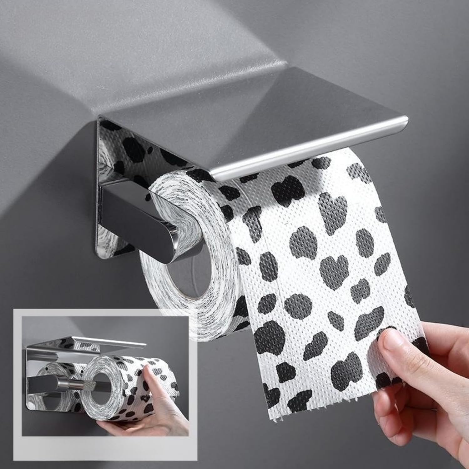 Toilet Paper Holder with Phone Shelf Wall Mount Rustproof Silver