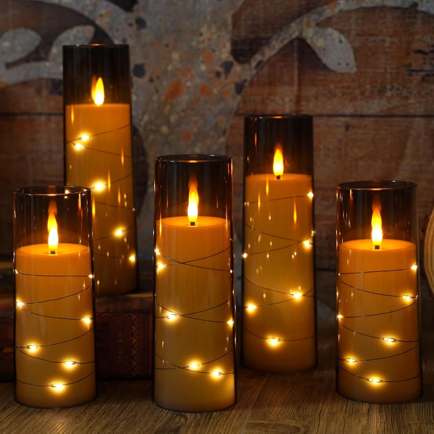 Eebuss Flameless Candles with Star String Set of 7 Grey