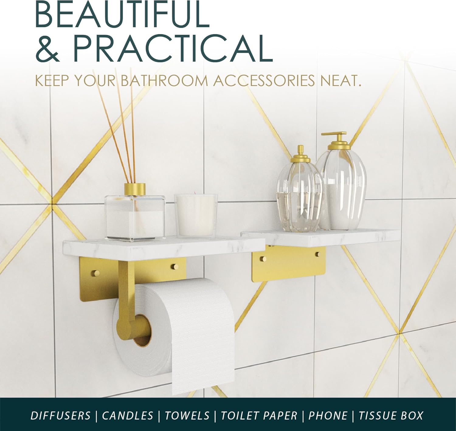 Mega Handles Gold Toilet Paper Holder with Extra Shelf