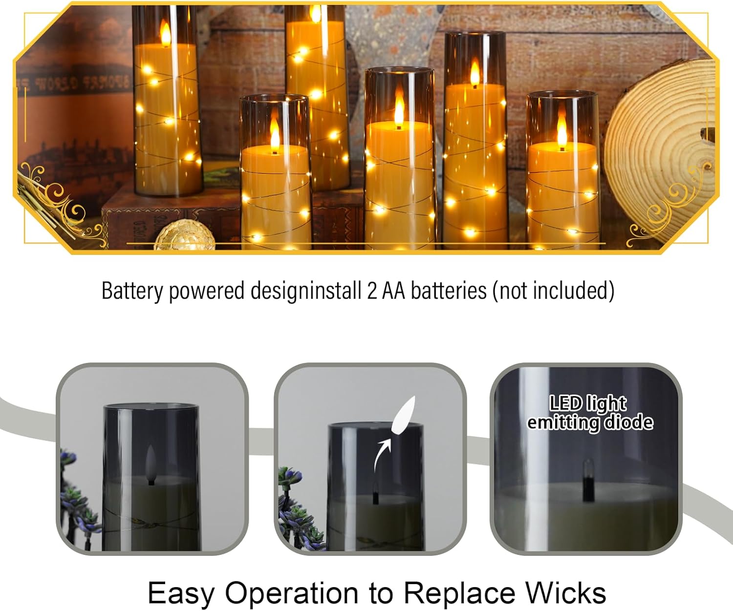 Eebuss Flameless Candles with Star String Set of 7 Grey