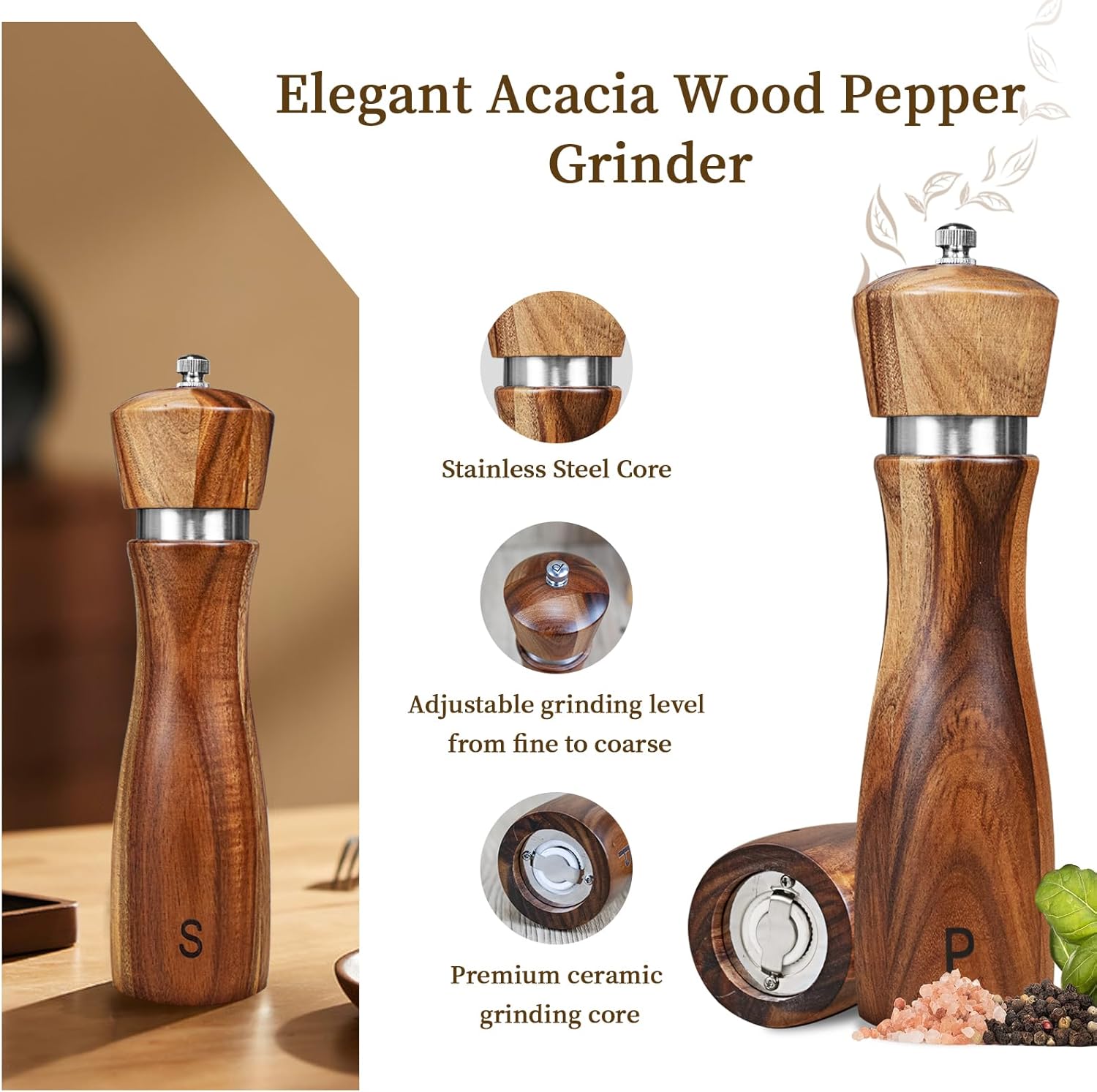 Haomacro 2 Pack Acacia Wood Salt Pepper Grinder Set
