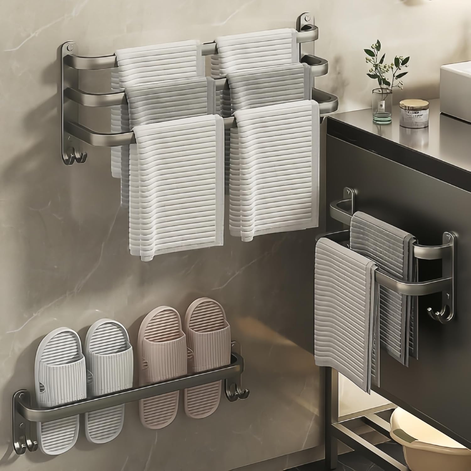 SEIDO 3-Tier Square Towel Rack 24 Inch Wall Mounted Grey Carbon Steel