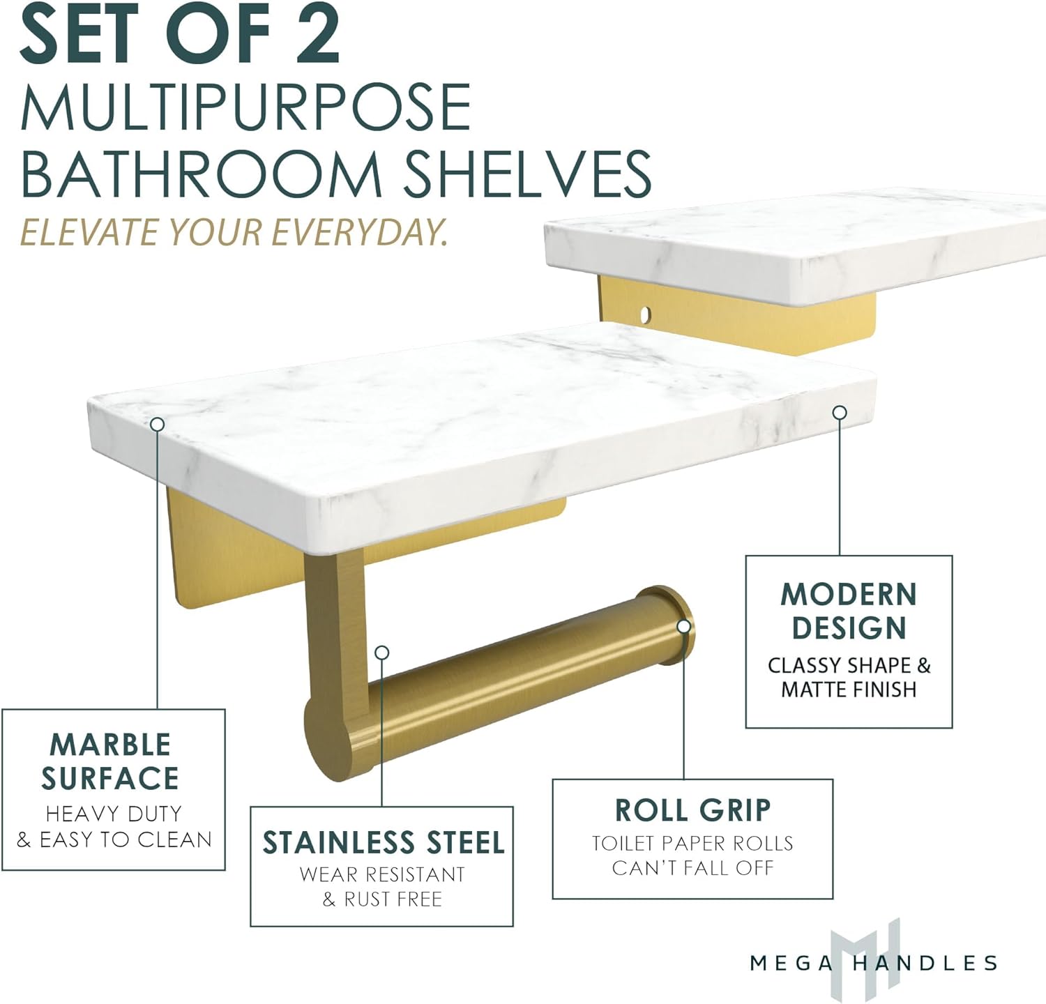 Mega Handles Gold Toilet Paper Holder with Extra Shelf
