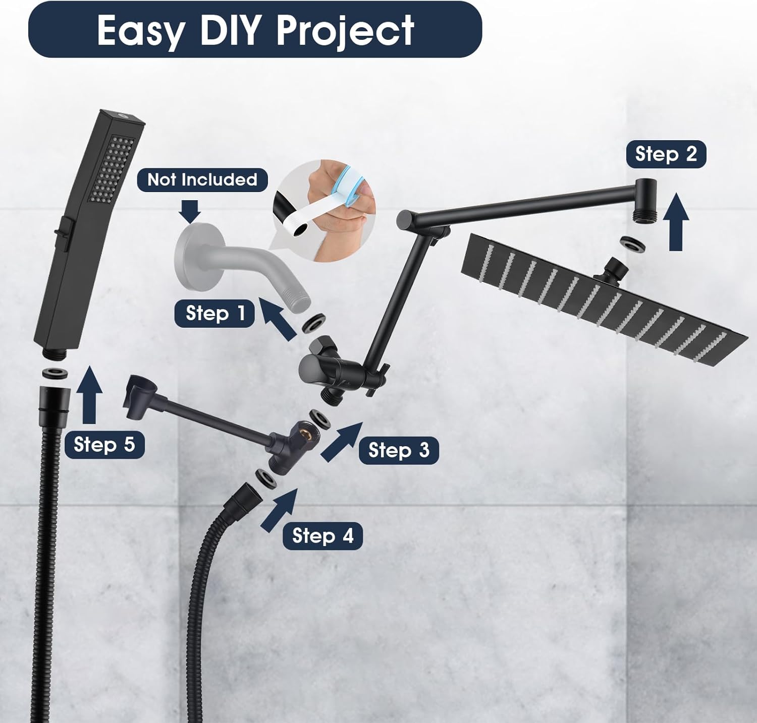 Rainfall Shower Head with 16-inch Extendable Arm and Spa-like Comfort