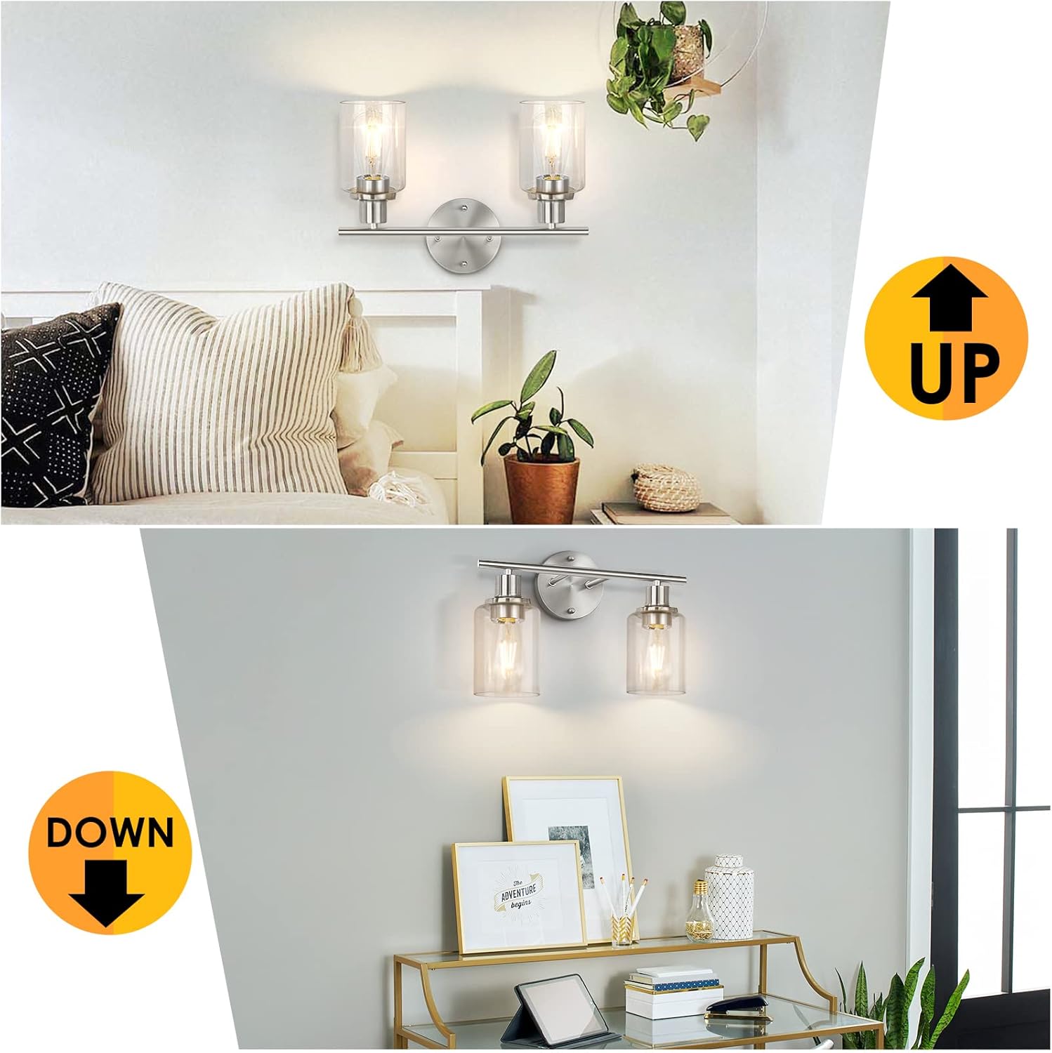 FOLKSMATE Modern 2-Light Wall Sconce with Glass Shade