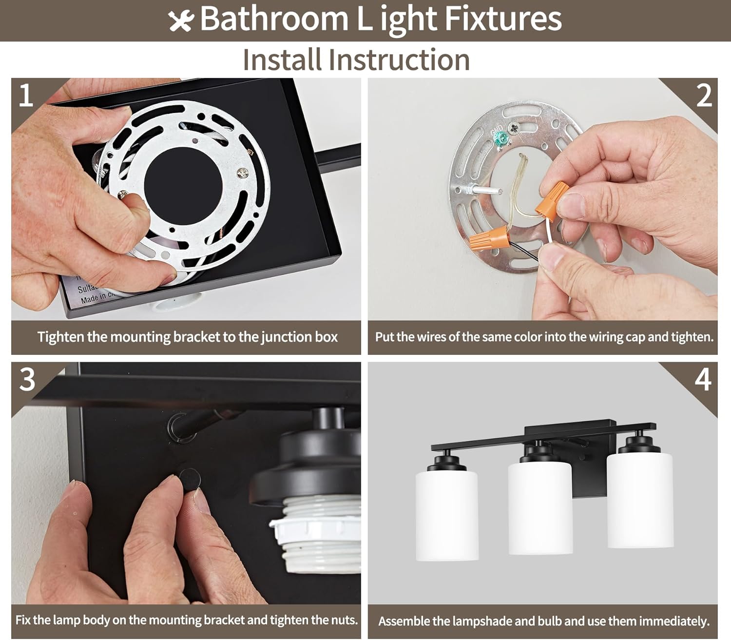 Modern Black Vanity Lights with 3-Light Milky Glass Shades