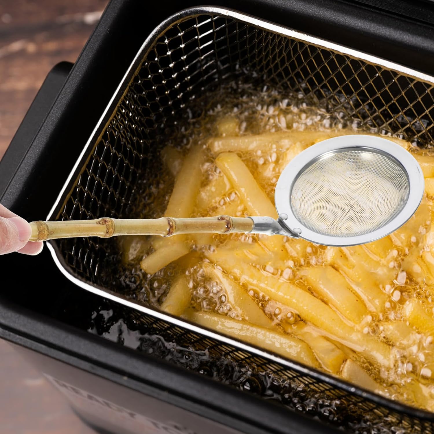 Amosfun Fat Skimmer Stainless Steel Strainer Ladle with Bamboo Handle