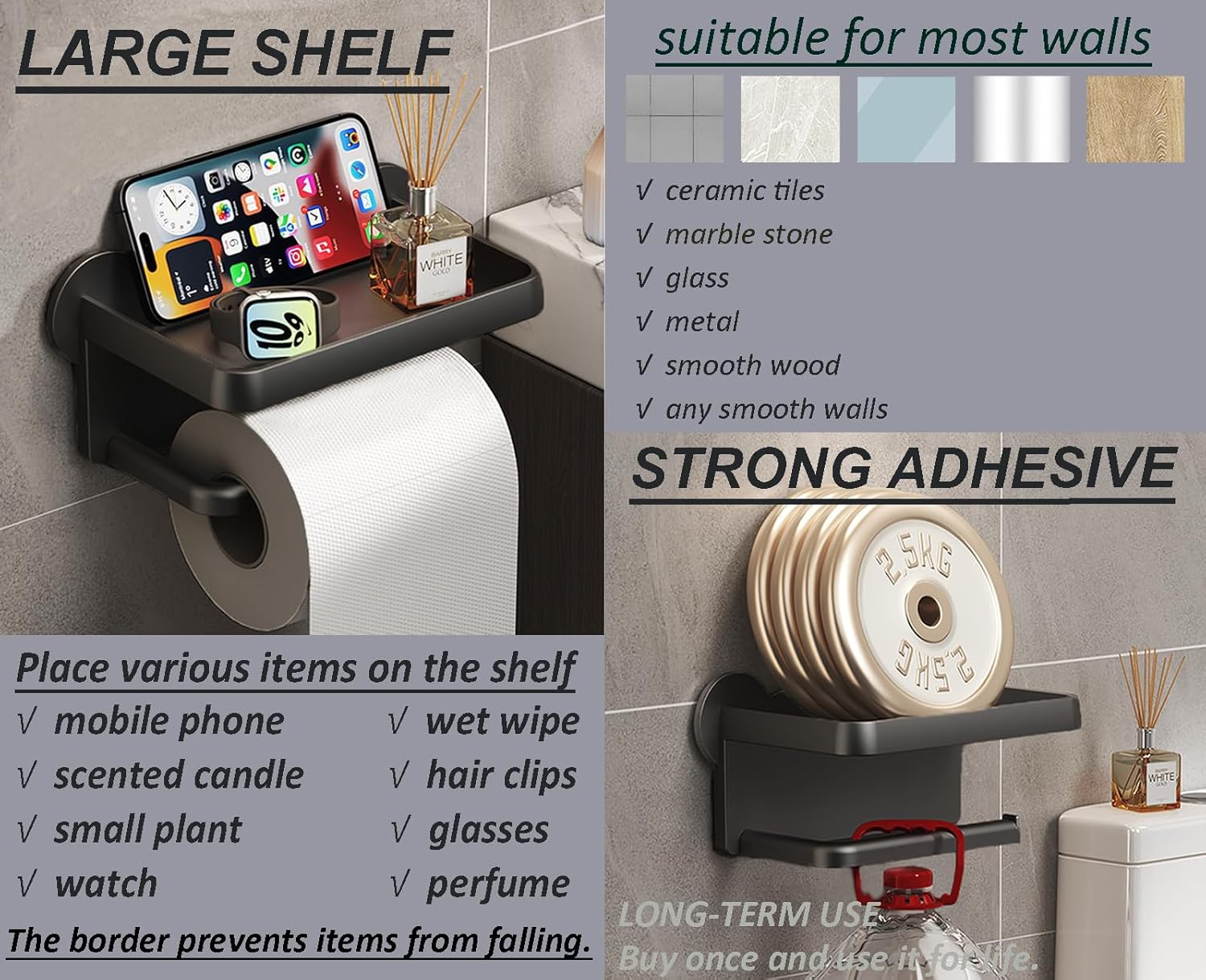 Black Toilet Paper Holder with Shelf No Drilling Rust-Proof Easy to Install