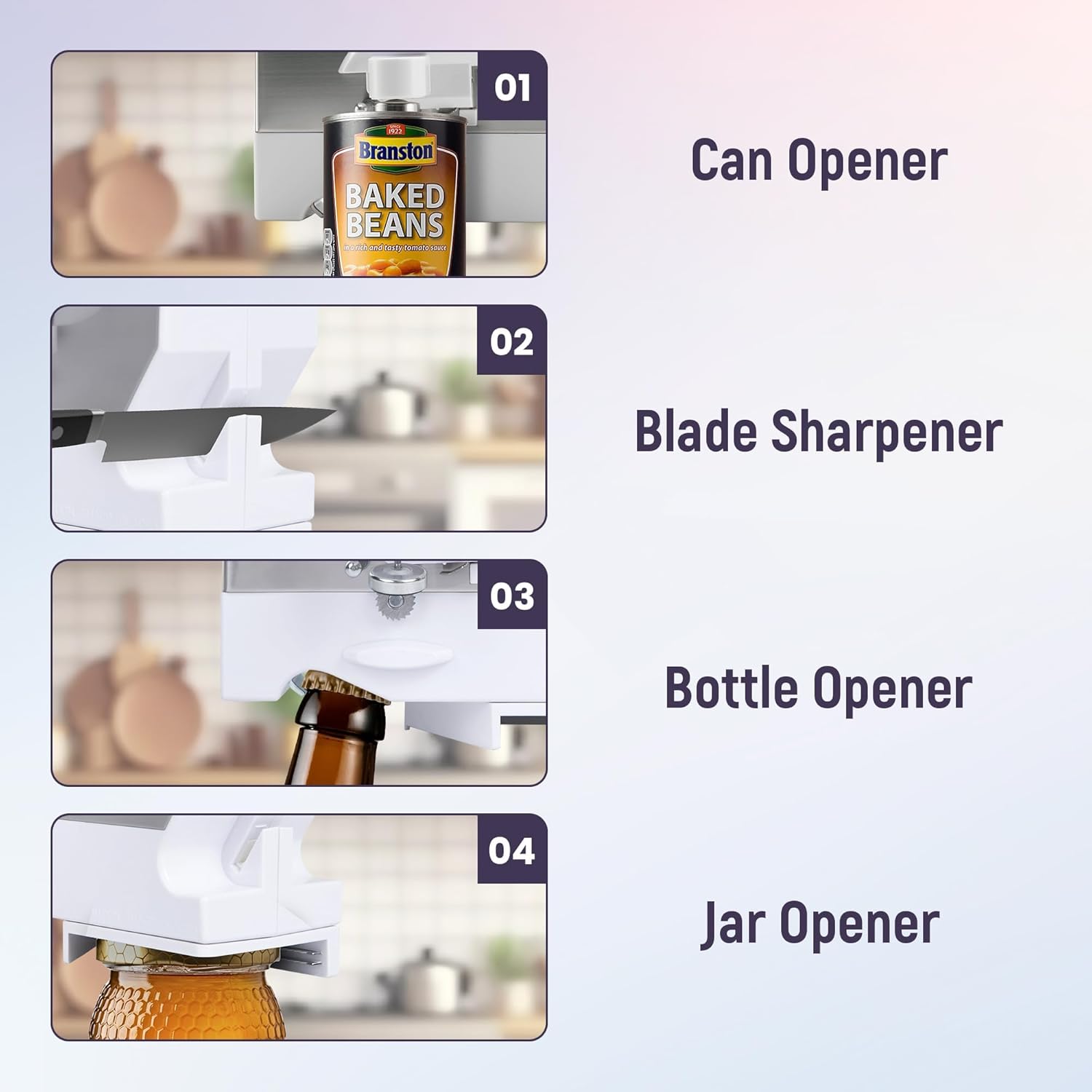 Electric Can Opener 4-in-1 Under Cabinet Mount with Blade Sharpener
