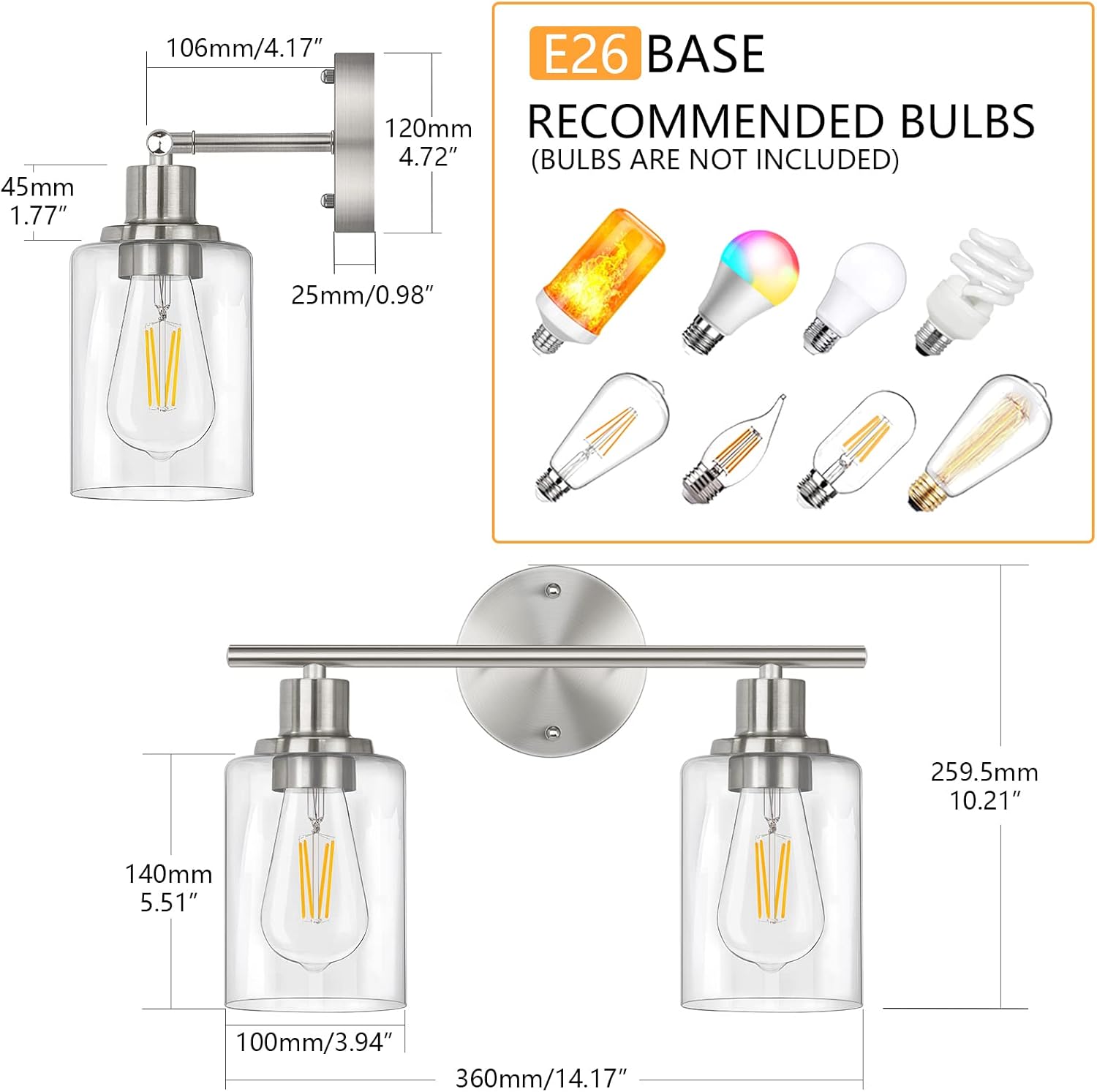FOLKSMATE Modern 2-Light Wall Sconce with Glass Shade