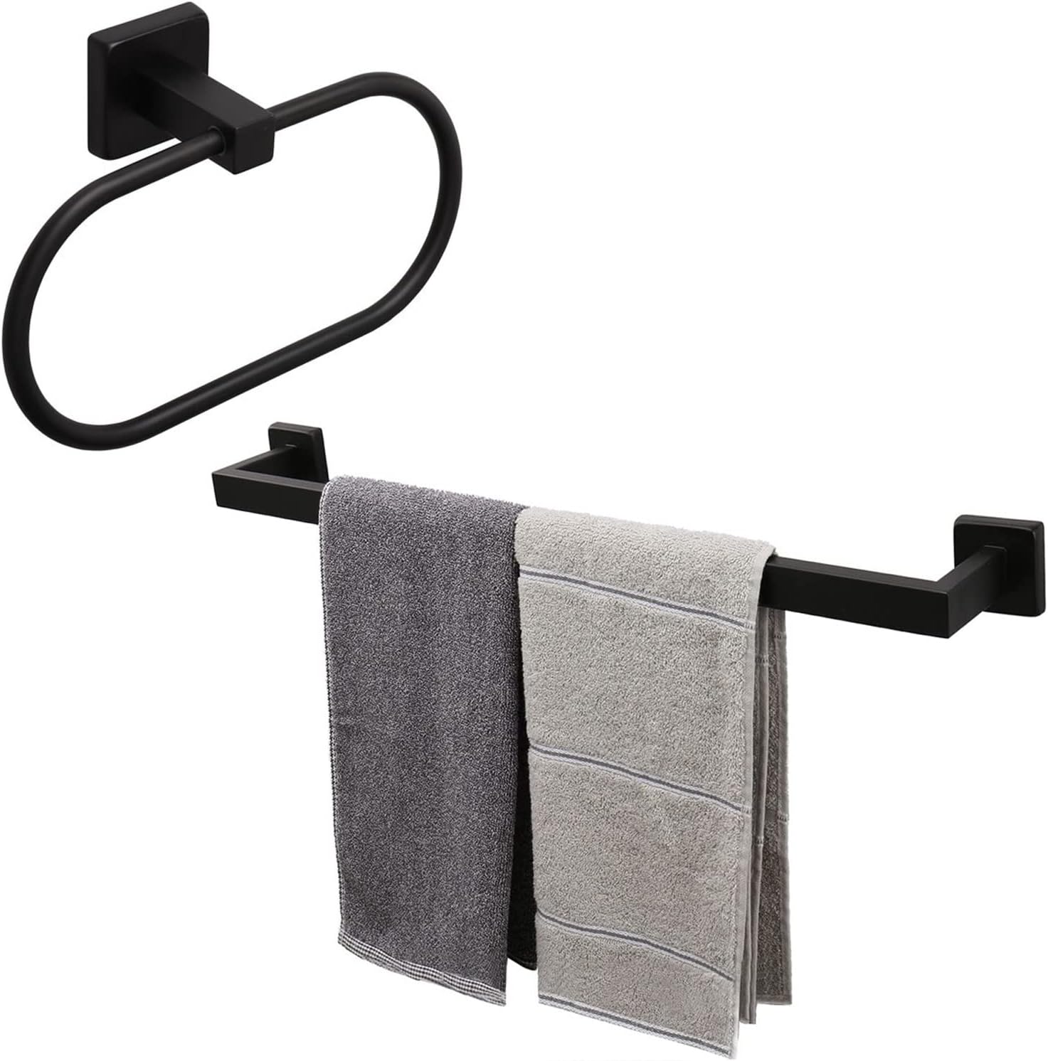 TocTen Matte Black Towel Bar and Ring Set