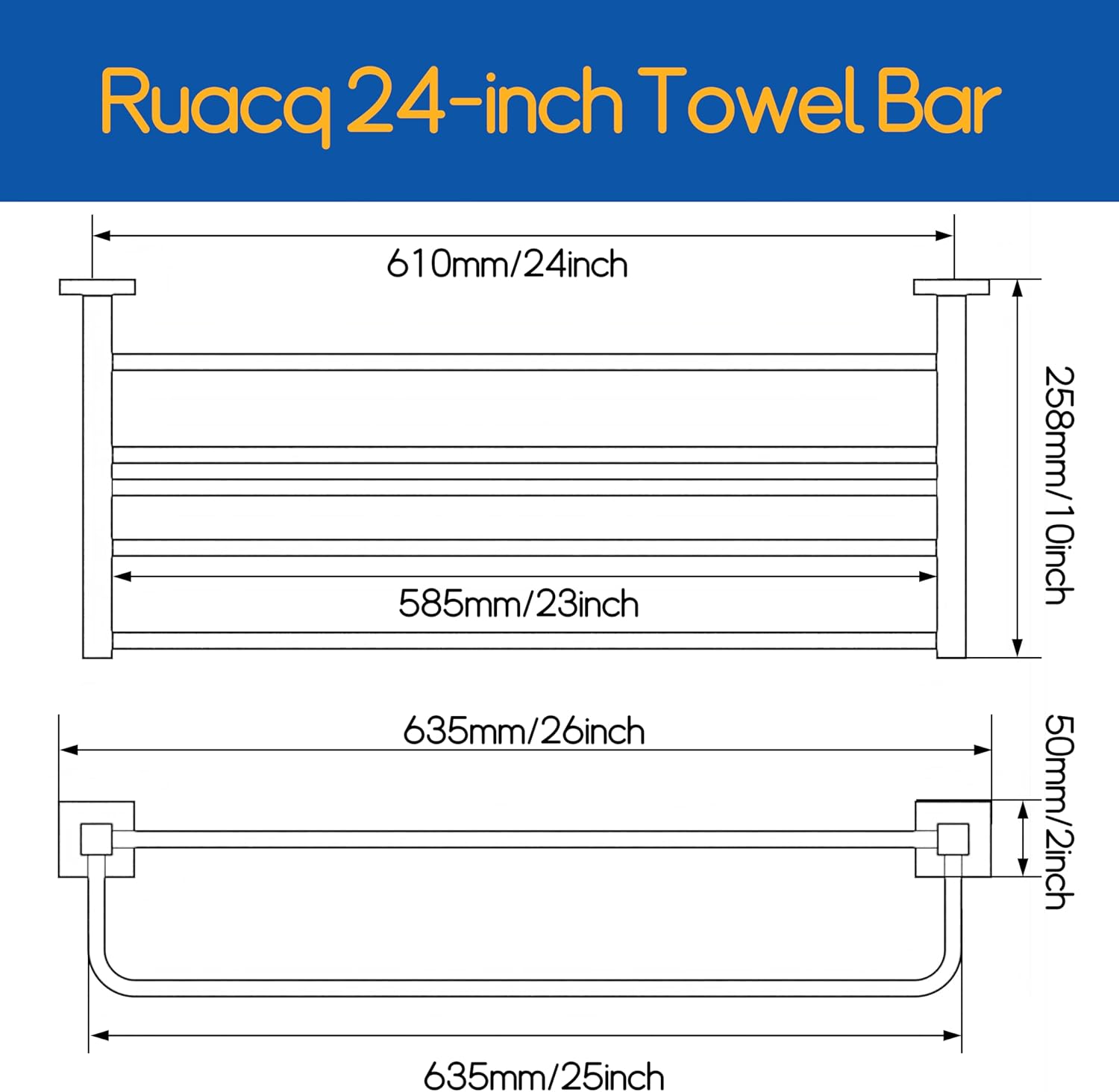 RUACQ 24inch Matte Black Towel Rack for Bathroom