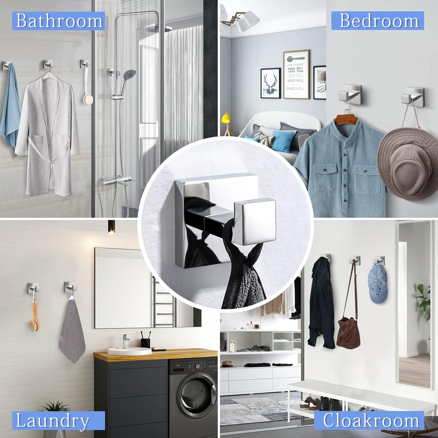 TQKAG Stainless Steel Square Towel Ring Hooks for Bathroom and Kitchen