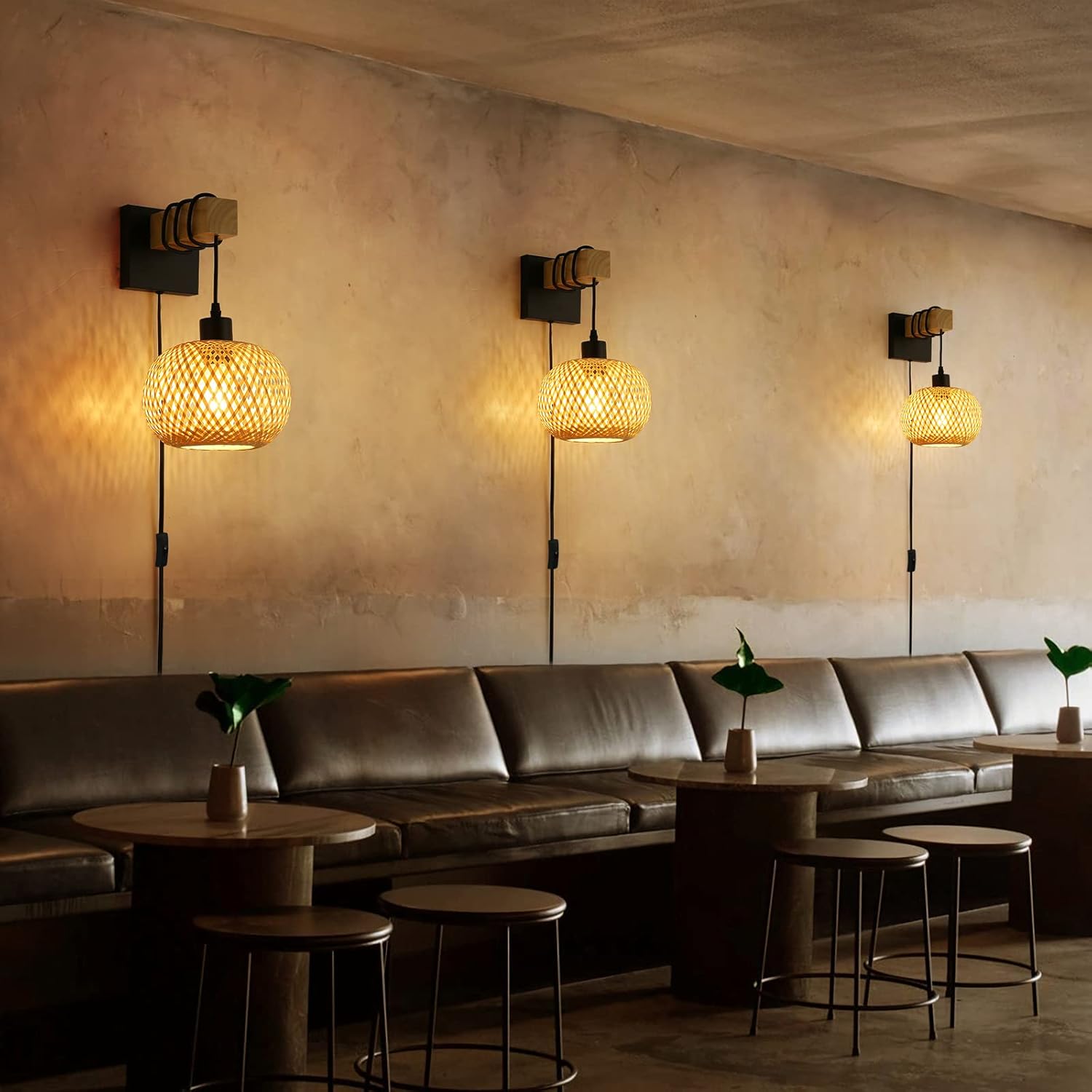 Farmhouse Rattan Wall Sconce with Bamboo Shade and Wood Beam