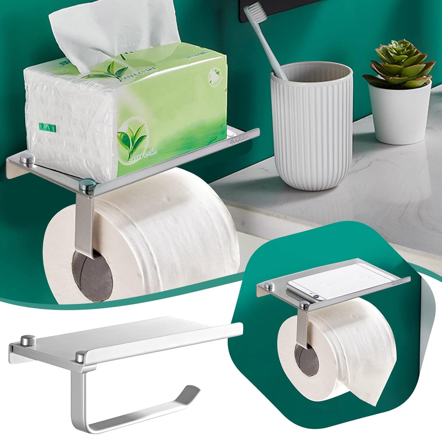 YIWULA Toilet Paper Holder with Phone Shelf Wall-Mounted Bath Accessory Silver