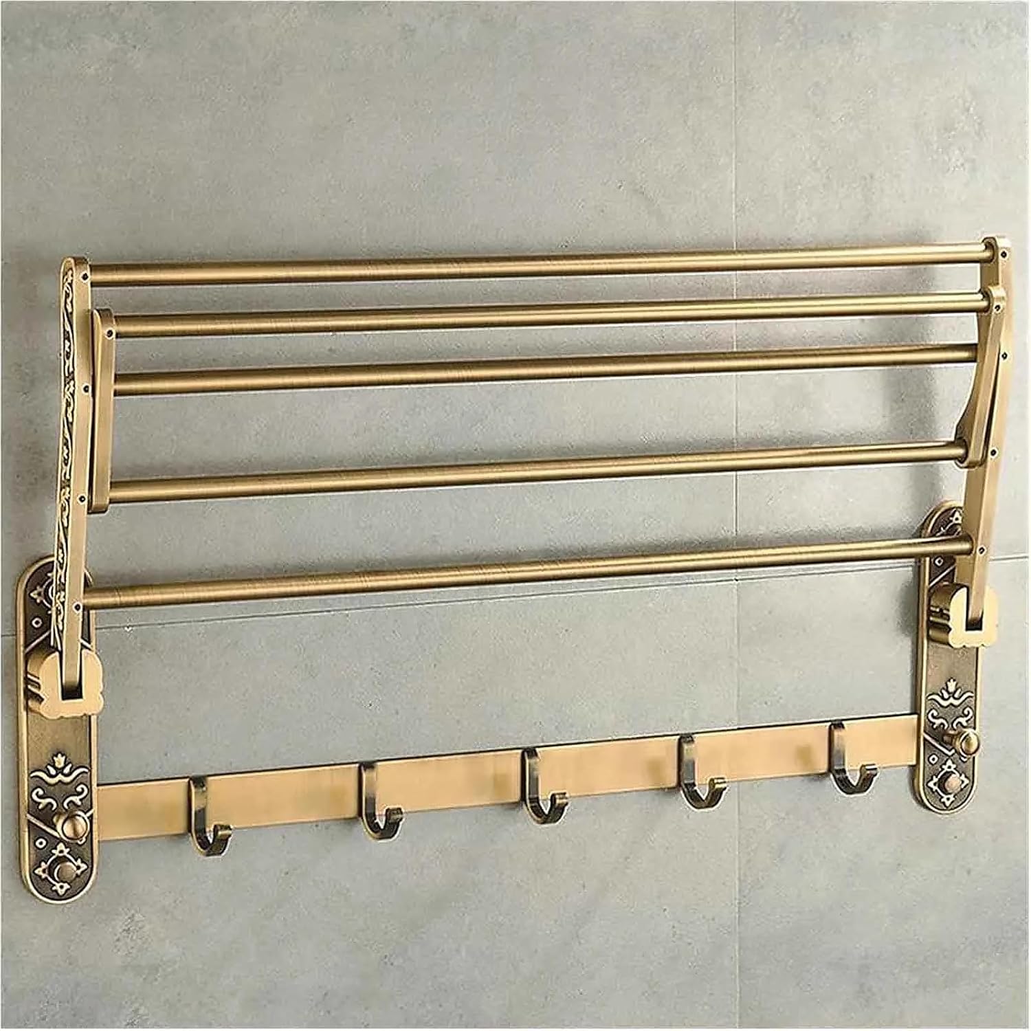 Antique Brass Towel Bar with Hooks and Shelf