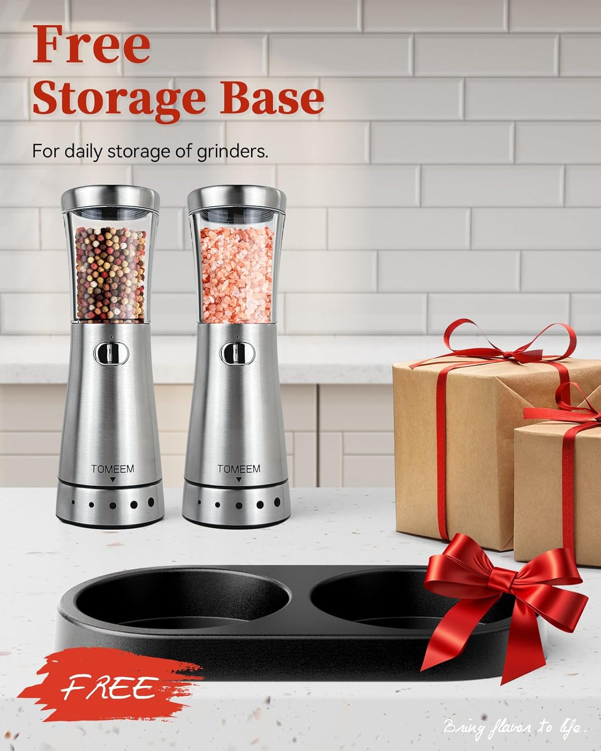 TOMEEM Electric Salt Pepper Grinder Set with Storage Base