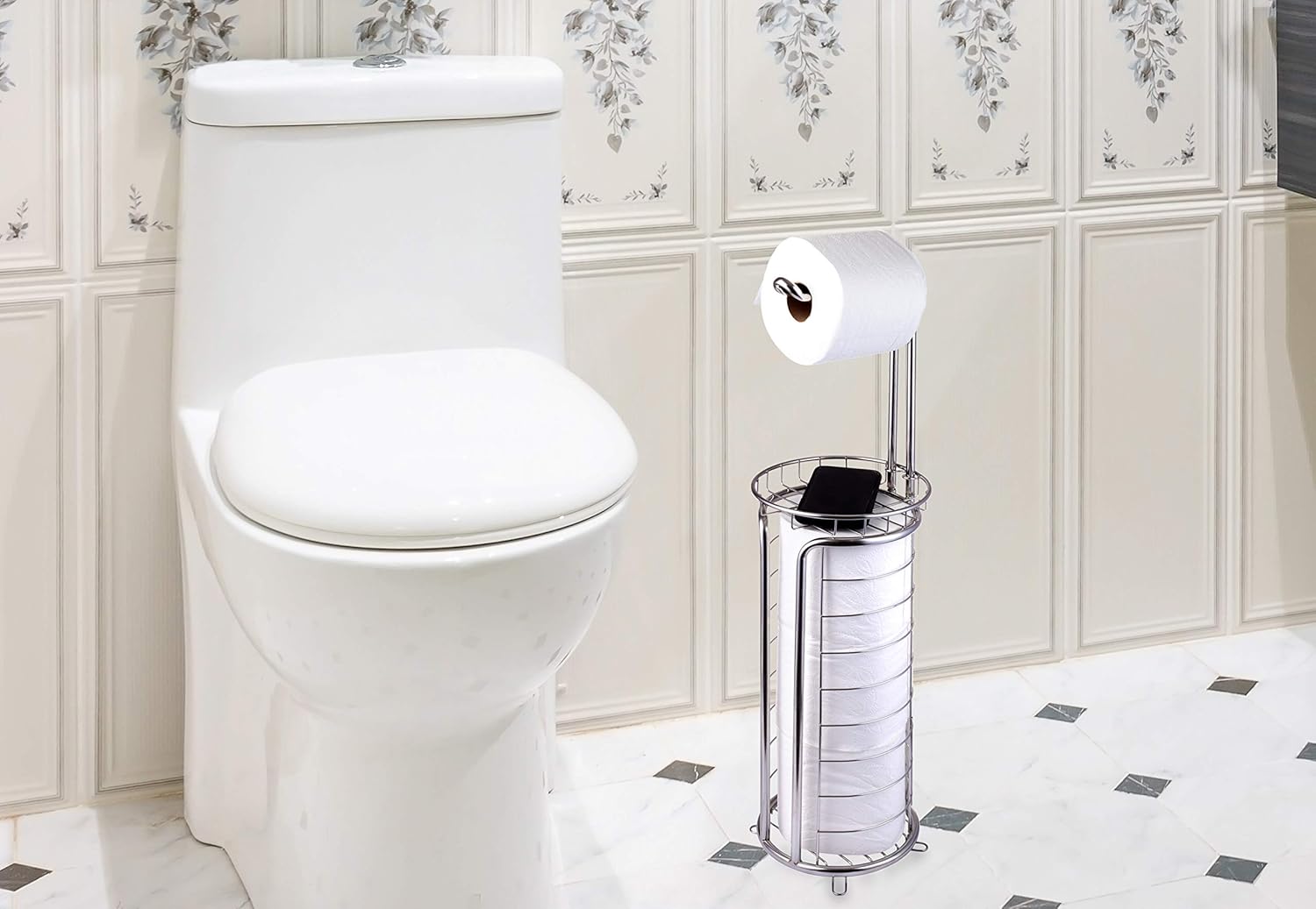 Free Standing Toilet Tissue Holder with Storage Shelf and Phone Tray