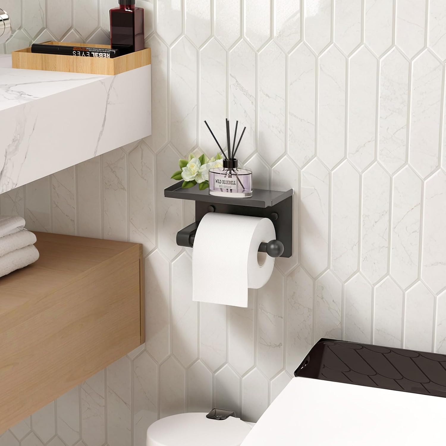 StackTastic Metal Toilet Paper Holder Rustproof Wall Mount with Adhesive Screws