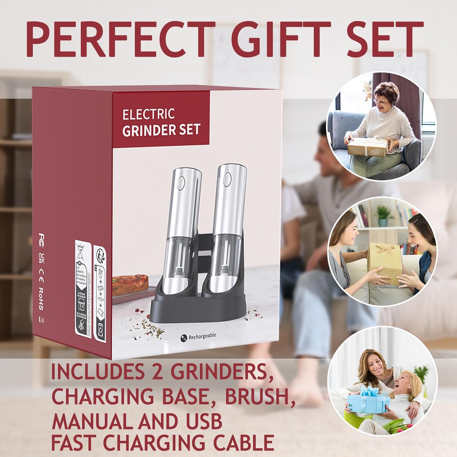 JINGASA Electric Salt Pepper Grinder Set with USB Charging