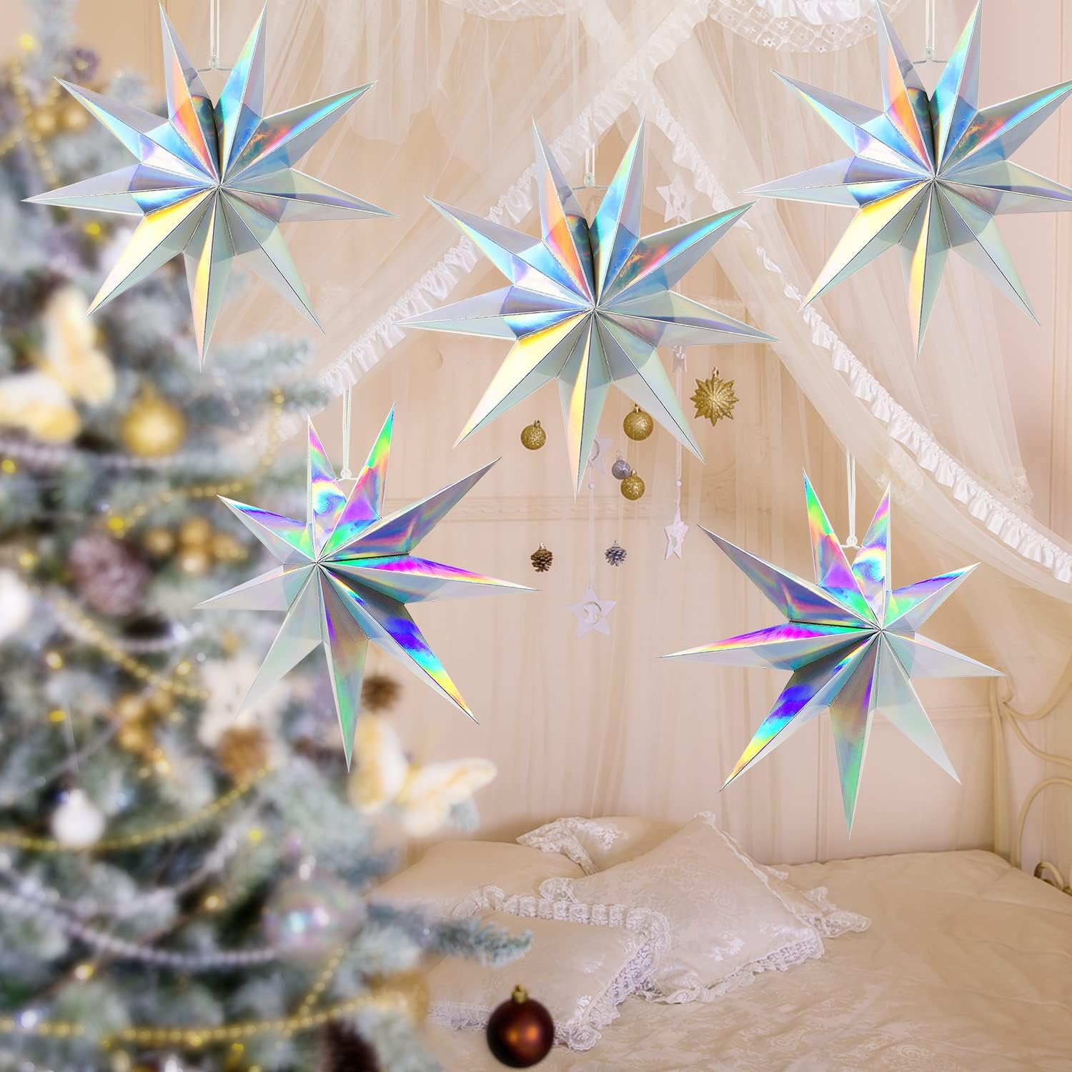 5Pack 9-Pointed Iridescent Paper Star Lanterns 118 Inch