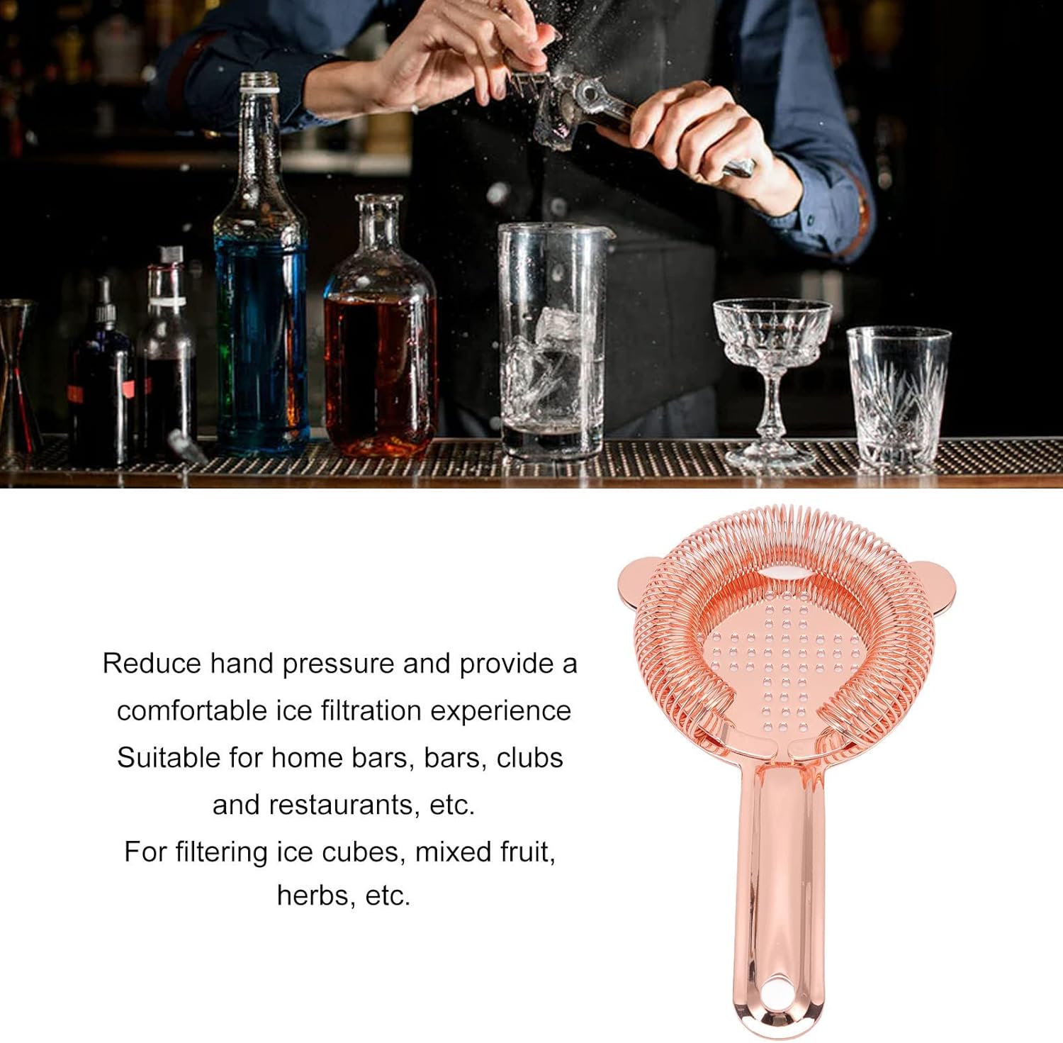 Cocktail Strainer with Rose Gold Finish for Home Bar Use