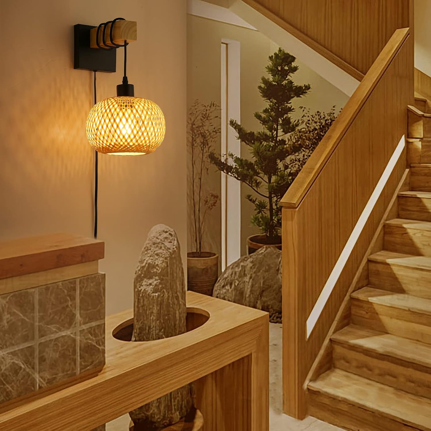 Farmhouse Rattan Wall Sconce with Bamboo Shade and Wood Beam