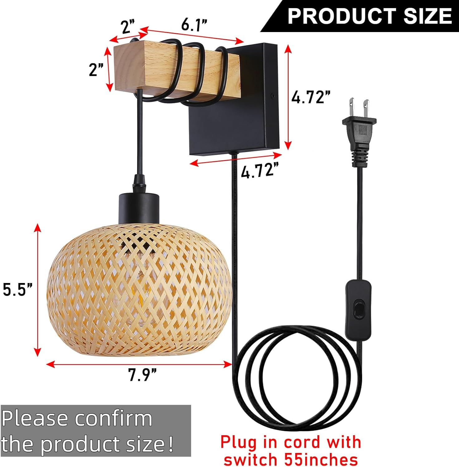 Farmhouse Rattan Wall Sconce with Bamboo Shade and Wood Beam
