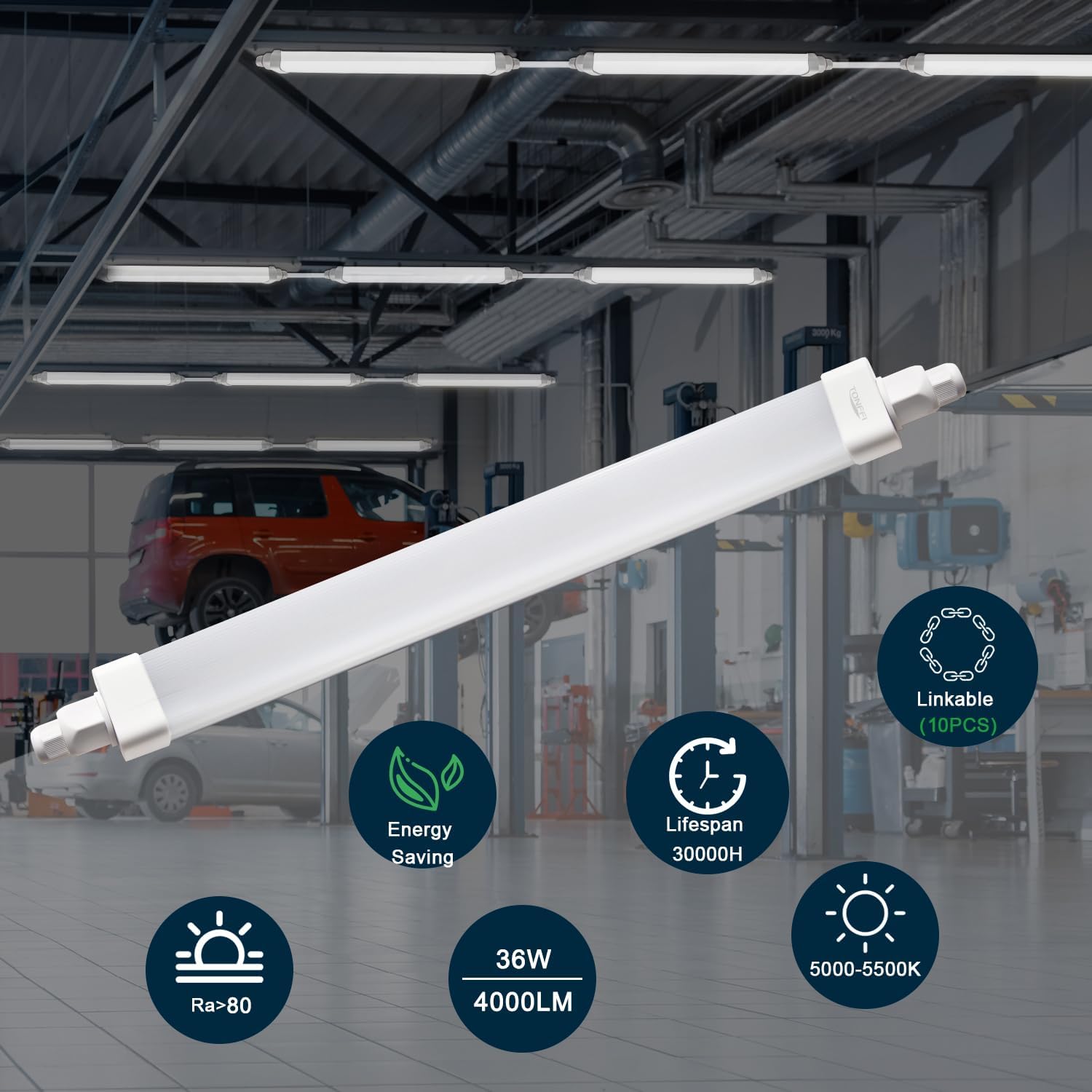 Tonffi 4FT Plug-in LED Ceiling Light - 36W 4000LM Cool White IP65
