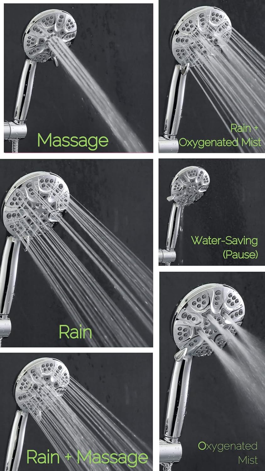 Anti-Clog 6 Wide 30-Setting Rain Shower Combo with 5ft hose