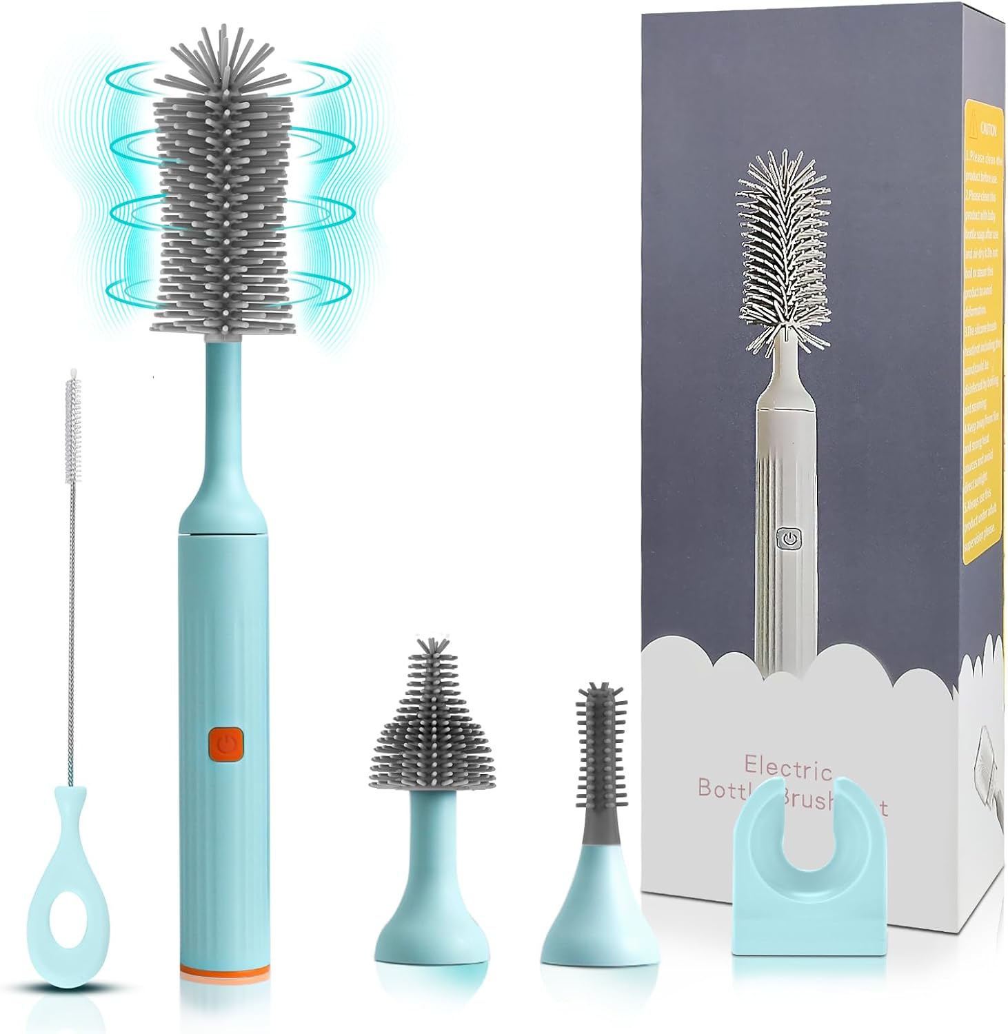 Electric Bottle Brush Cleaner with USB Rechargeable and 3 Replaceable Silicone Brushes Blue