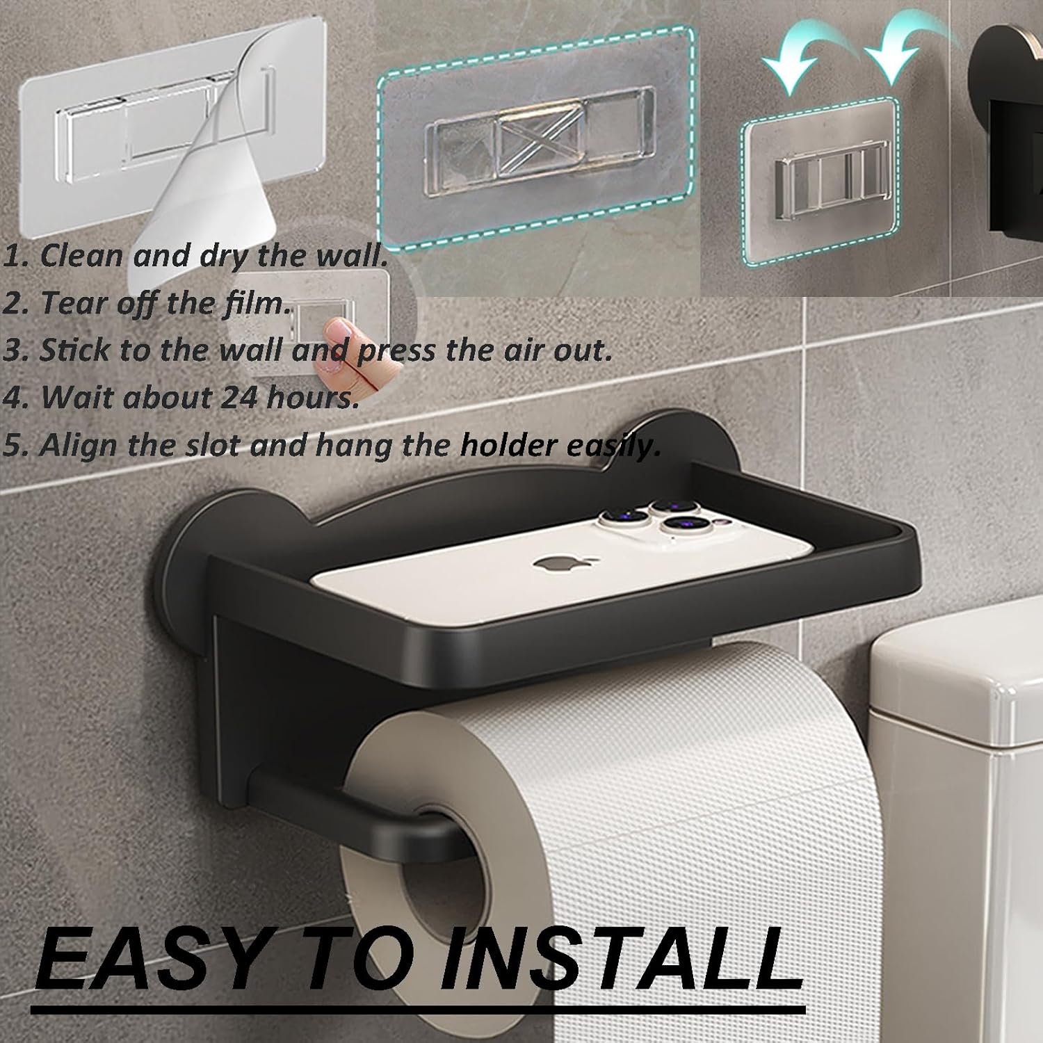 Black Toilet Paper Holder with Shelf No Drilling Rust-Proof Easy to Install
