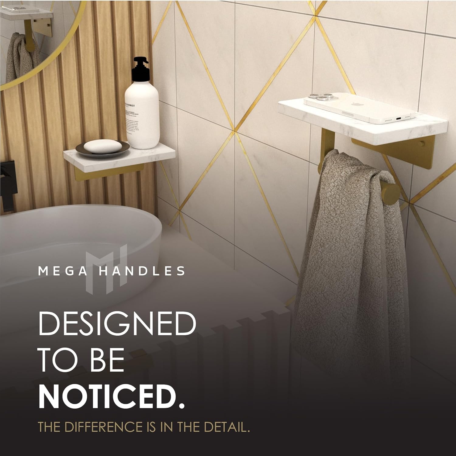 Mega Handles Gold Toilet Paper Holder with Extra Shelf