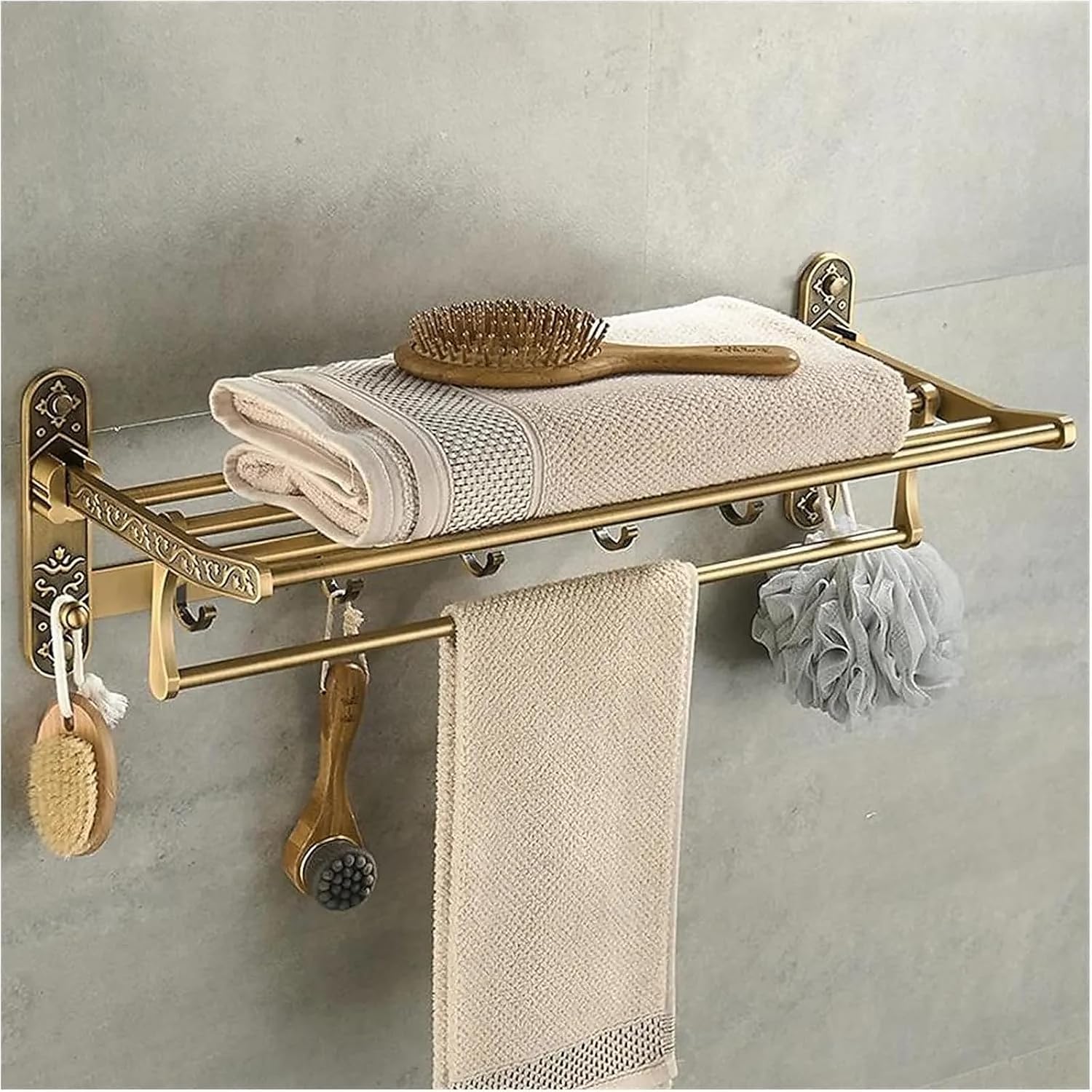 Antique Brass Towel Bar with Hooks and Shelf