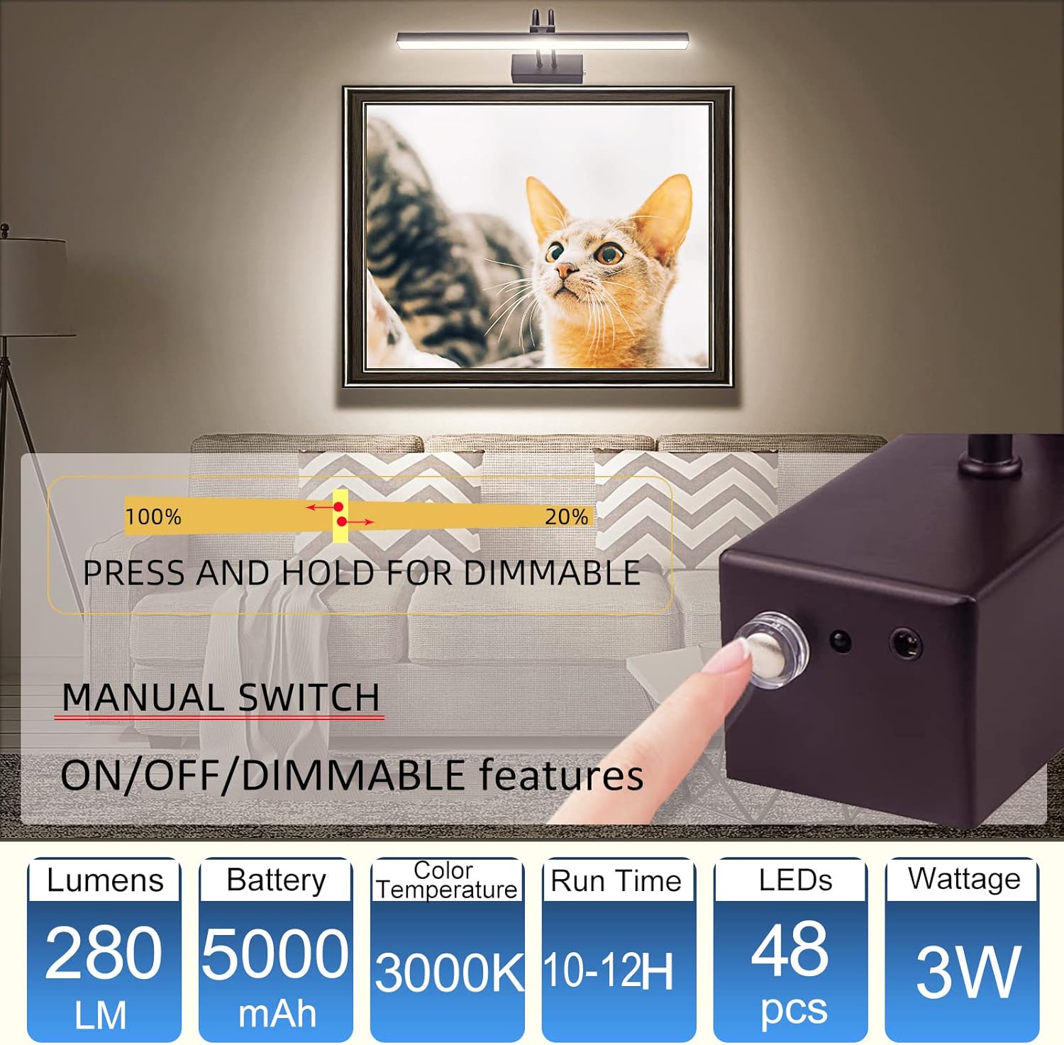 FUNCHDAY Wireless Picture Light with Remote 48 LED Dimmable Wall Art Lighting