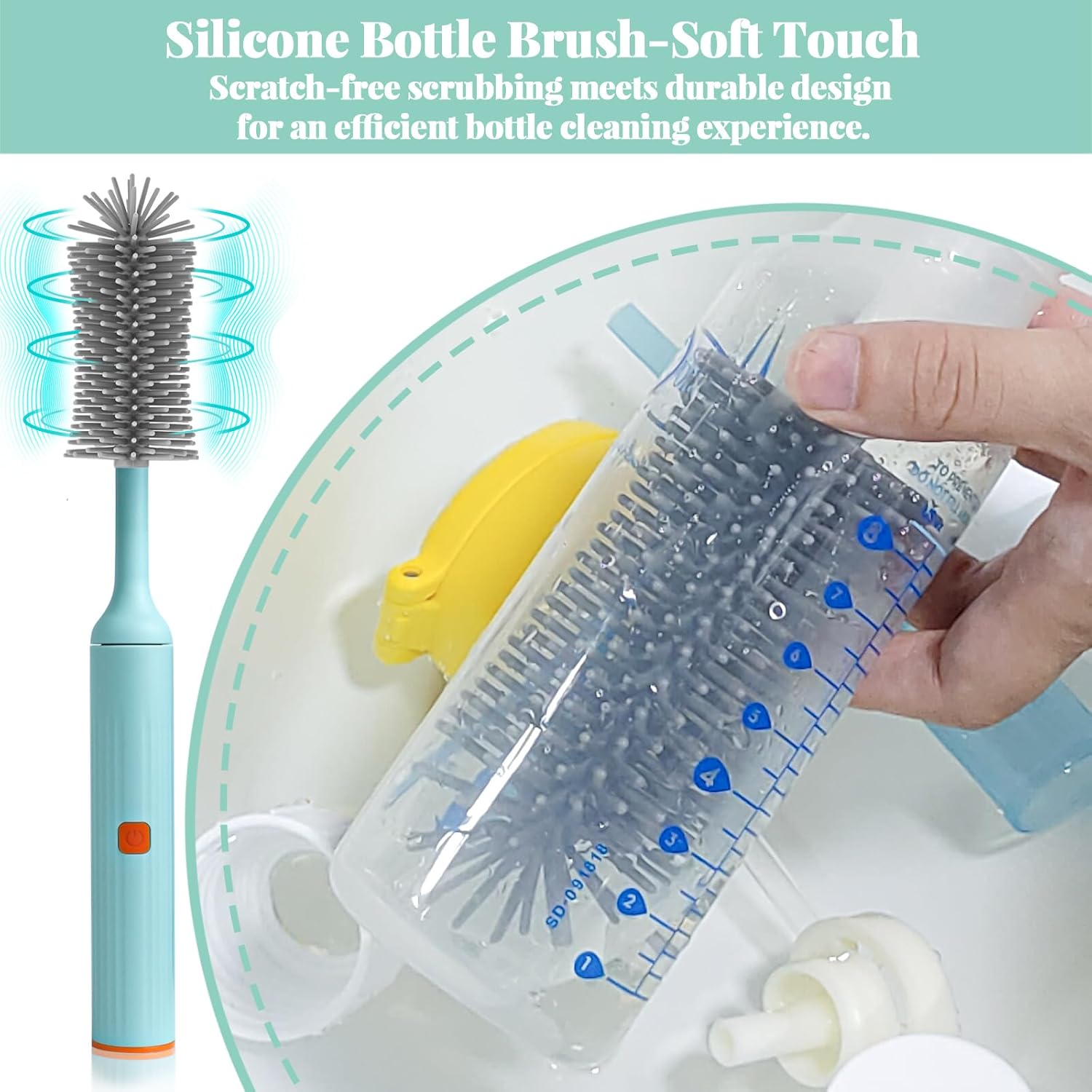 Electric Bottle Brush Cleaner with USB Rechargeable and 3 Replaceable Silicone Brushes Blue