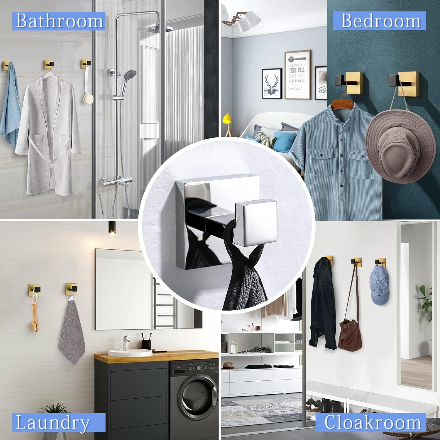 TQKAG Stainless Steel Square Towel Ring Hooks BlackGold