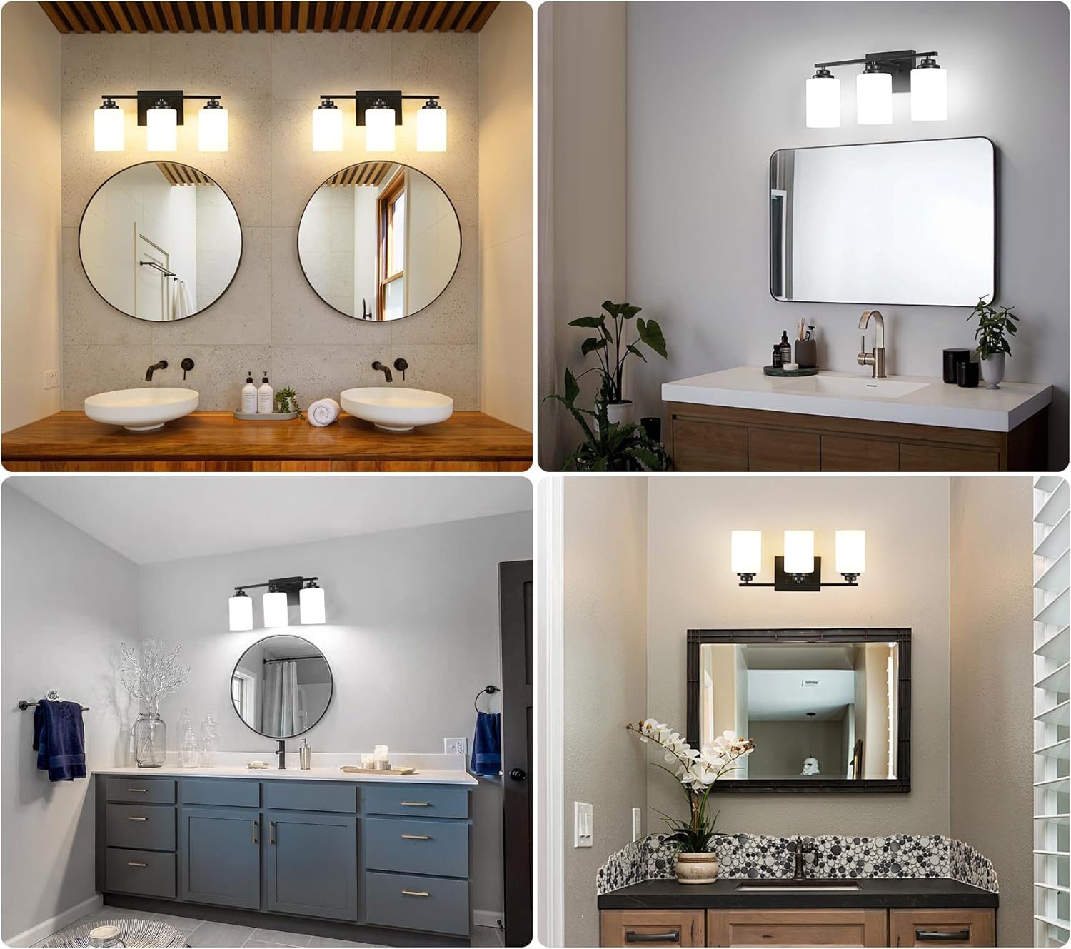 Modern Black Vanity Lights with 3-Light Milky Glass Shades