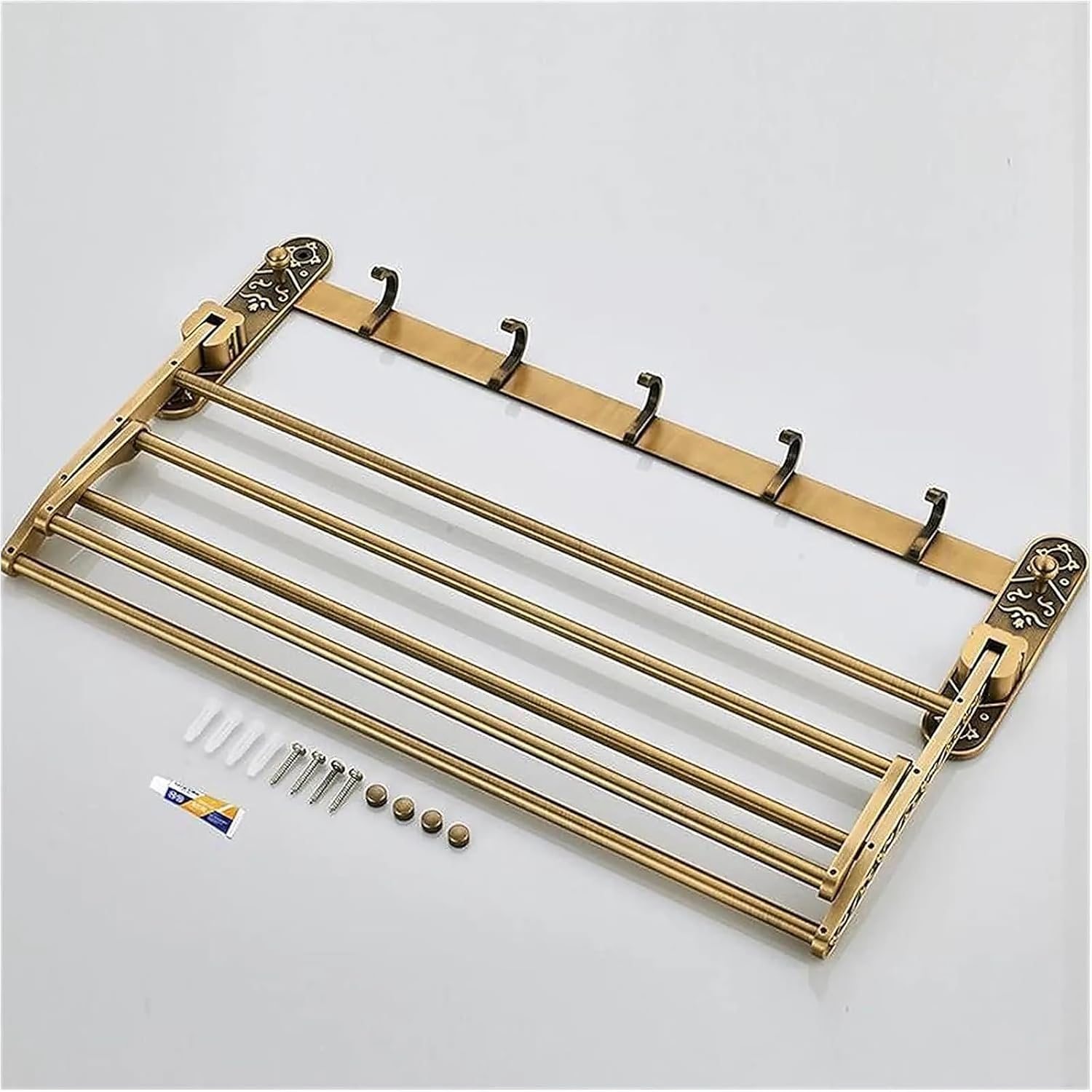 Antique Brass Towel Bar with Hooks and Shelf
